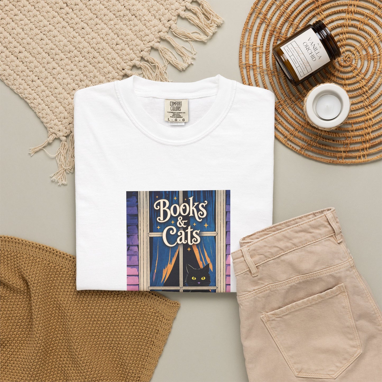 "Books & Cats" T-Shirt — Cozy Bookshop Window Graphic Tee