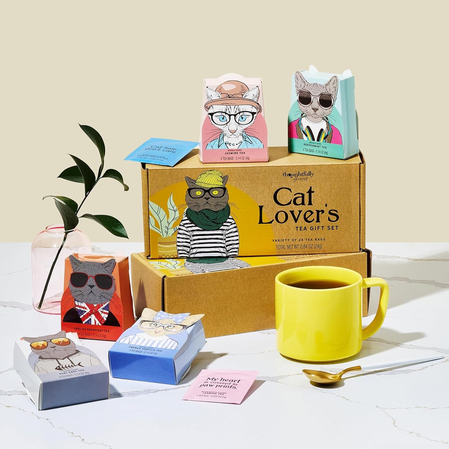 Thé pour les amoureux des chats - 6 saveurs avec des illustrations de chats élégantes et des citations amusantes par Thoughtfully Gourmet