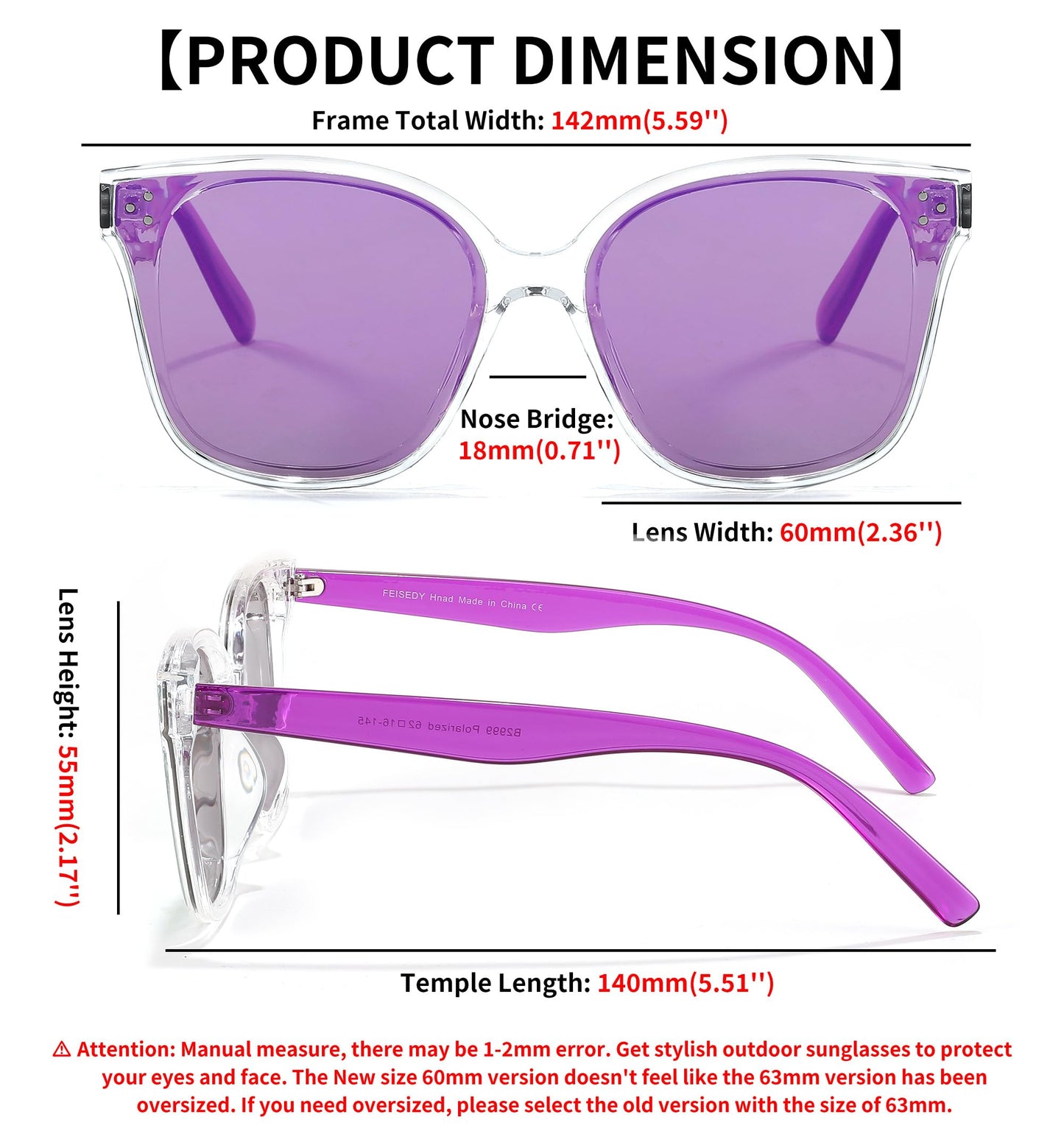 FEISEDY Lunettes de soleil polarisées carrées surdimensionnées rétro pour femmes et hommes, style minimaliste B2600