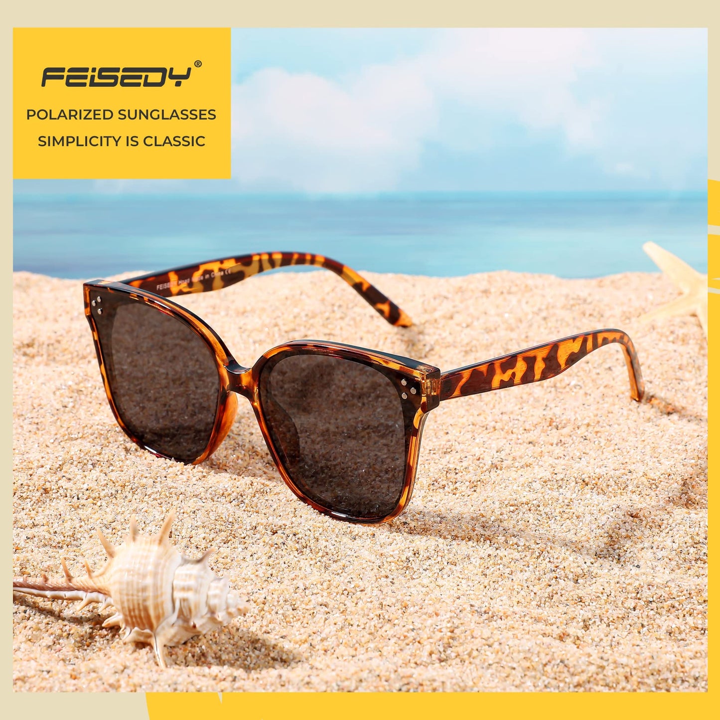 FEISEDY Lunettes de soleil polarisées carrées surdimensionnées rétro pour femmes et hommes, style minimaliste B2600