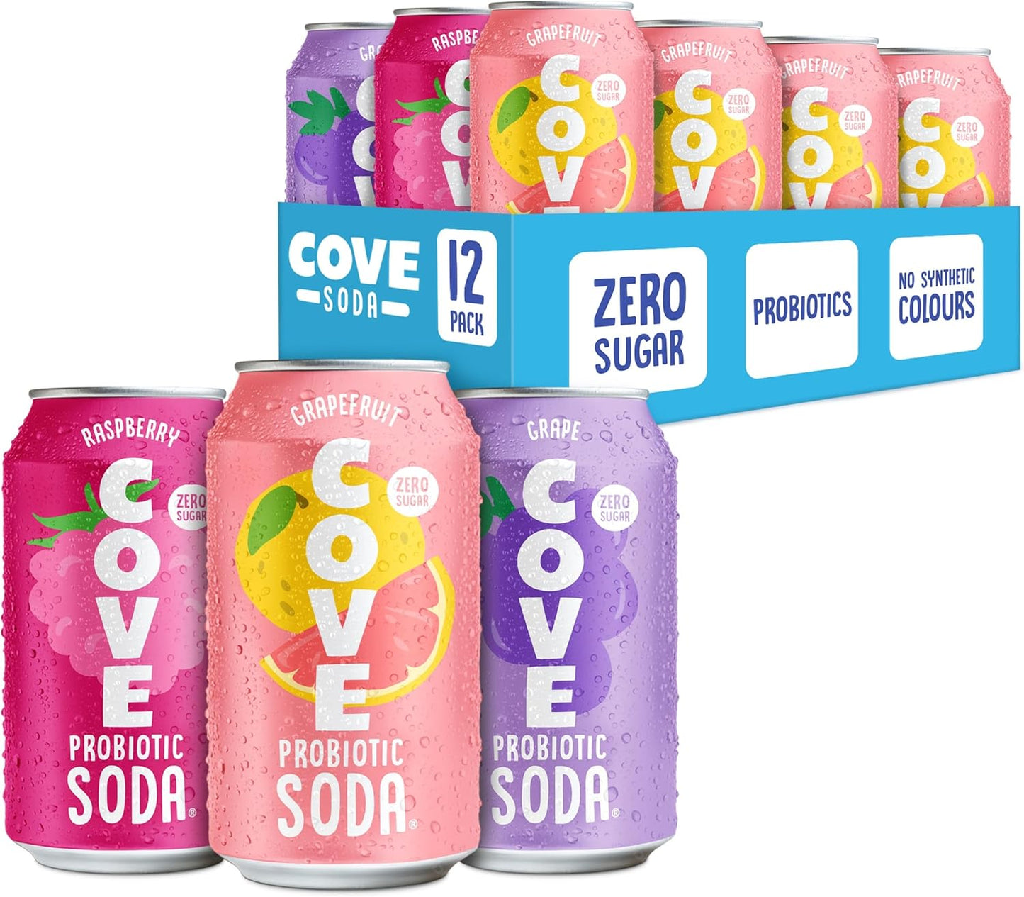 Cove Probiotic Soda, Zero Sugar Better-For-You Alternative - Refreshing, Delicious Probiotic Drink, No Artificial Colours & Caffeine Free - Raspberry, 12 Pack