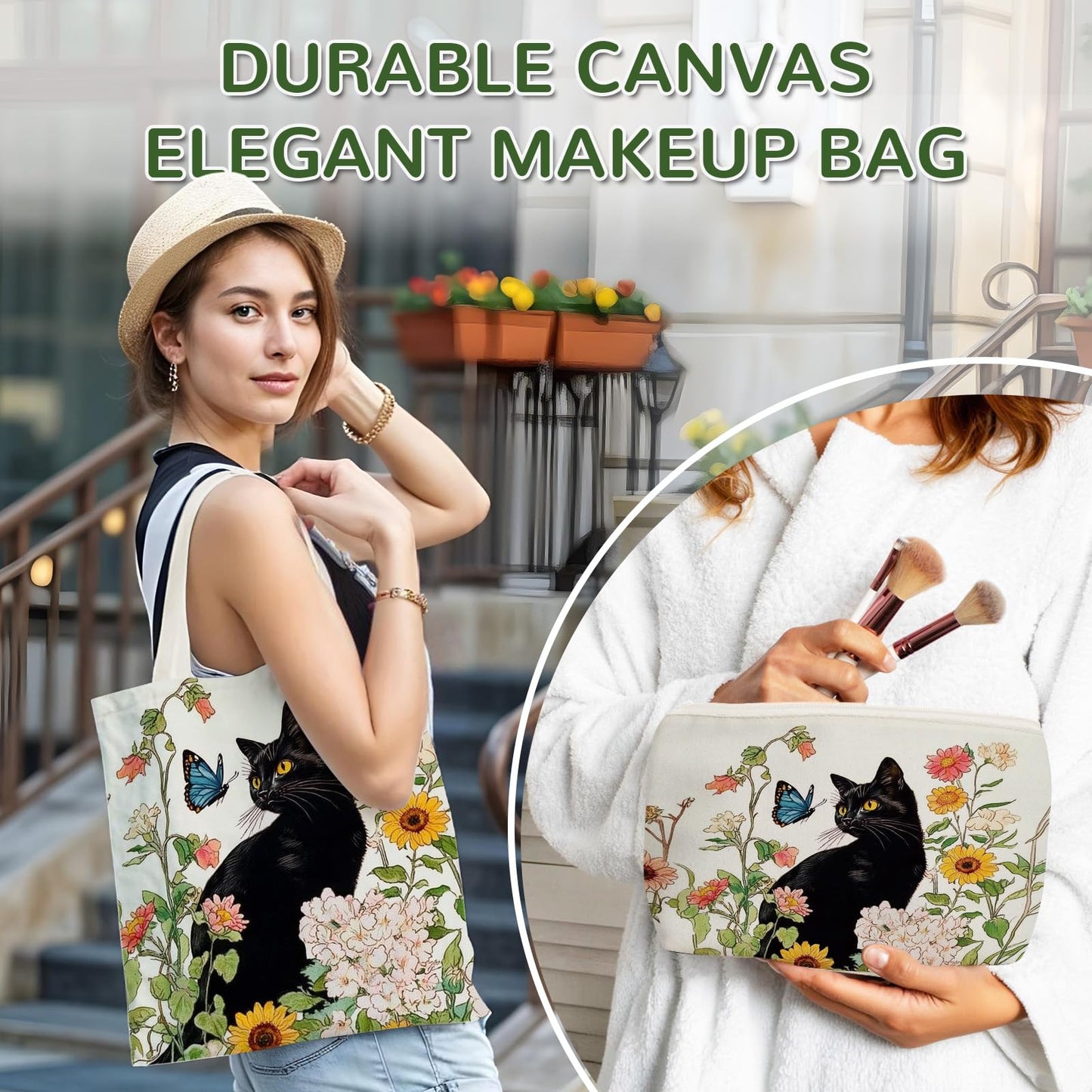 Wazzio Aesthetic Lot de 2 Sacs Fourre-Tout en Toile avec Trousse de Maquillage, Sacs de Courses Réutilisables pour le Shopping, la Salle de Sport, les Voyages, le Travail, les Vacances