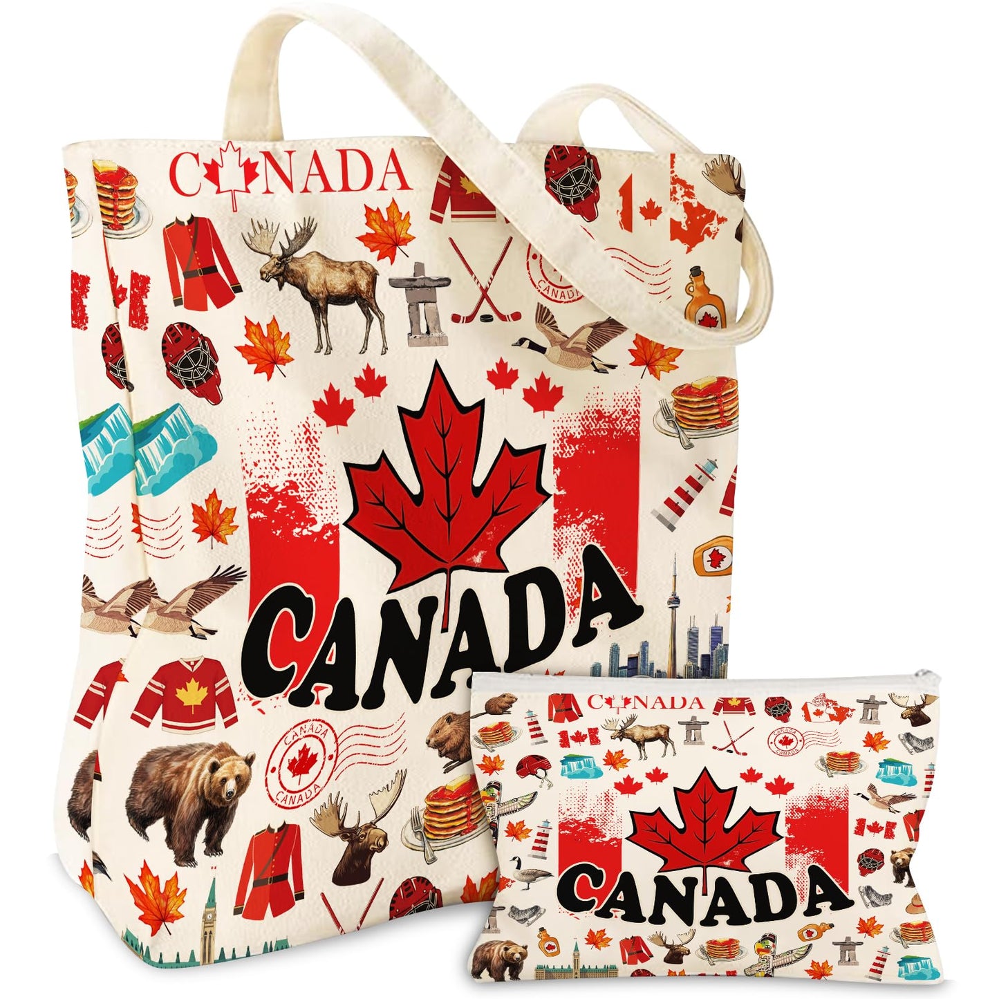 Wazzio Aesthetic Lot de 2 Sacs Fourre-Tout en Toile avec Trousse de Maquillage, Sacs de Courses Réutilisables pour le Shopping, la Salle de Sport, les Voyages, le Travail, les Vacances