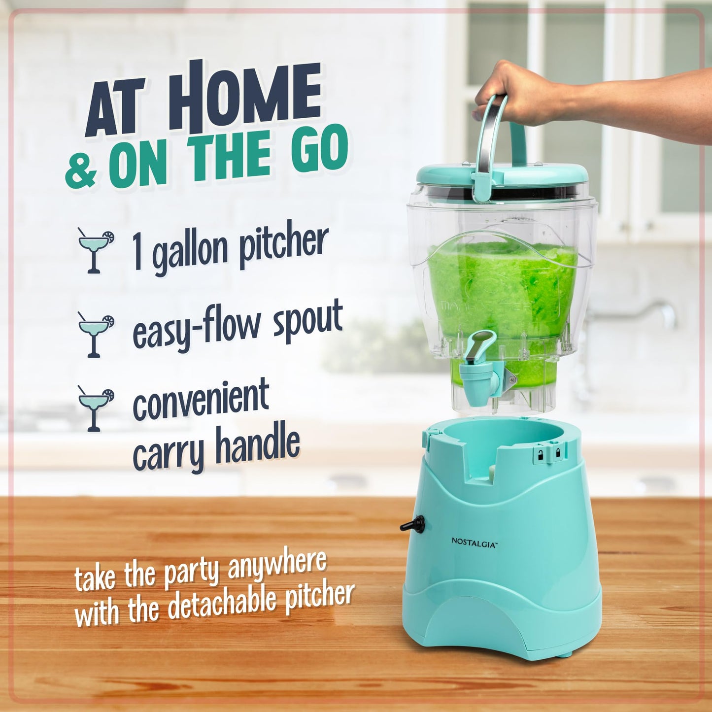 Nostalgia Margarita Maker et machine à granités 128 oz, Prépare un gallon de boissons glacées, Bec verseur en acier inoxydable et poignée de transport, Texture crémeuse, Double isolation, Facile à nettoyer, 1 gallon, Aqua
