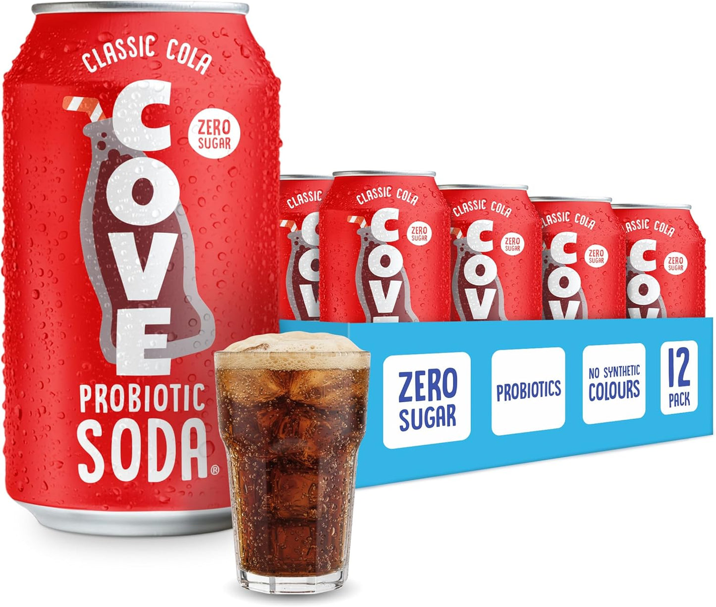 Cove Probiotic Soda, Zero Sugar Better-For-You Alternative - Refreshing, Delicious Probiotic Drink, No Artificial Colours & Caffeine Free - Raspberry, 12 Pack