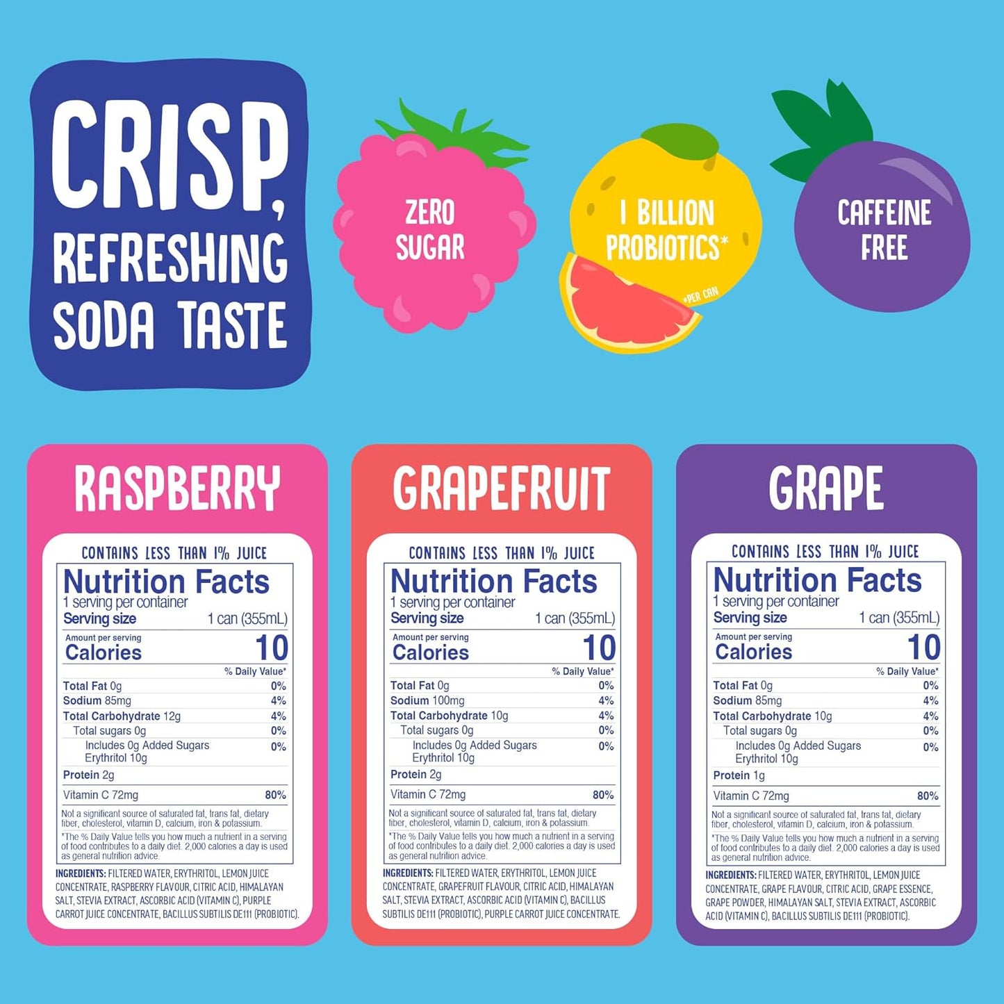 Cove Probiotic Soda, Zero Sugar Better-For-You Alternative - Refreshing, Delicious Probiotic Drink, No Artificial Colours & Caffeine Free - Raspberry, 12 Pack