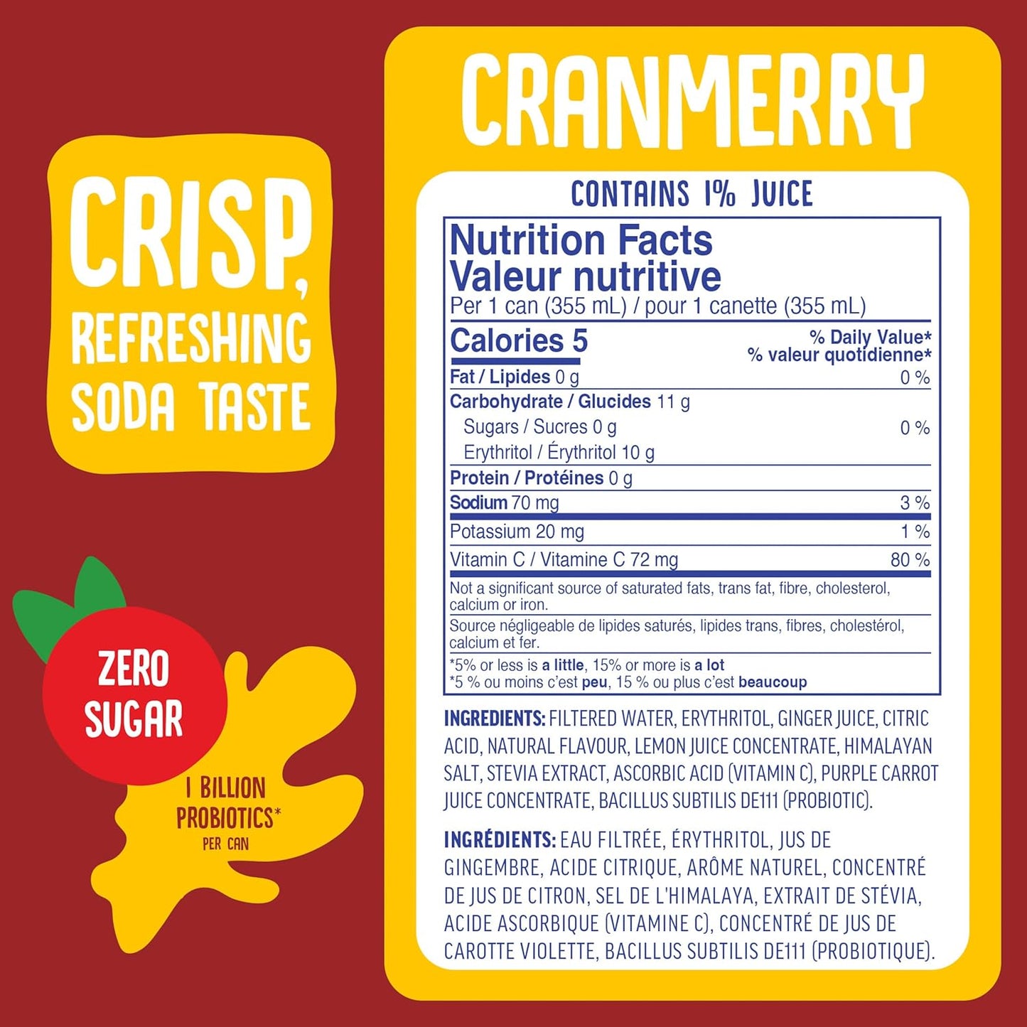 Cove Probiotic Soda, Zero Sugar Better-For-You Alternative - Refreshing, Delicious Probiotic Drink, No Artificial Colours & Caffeine Free - Raspberry, 12 Pack