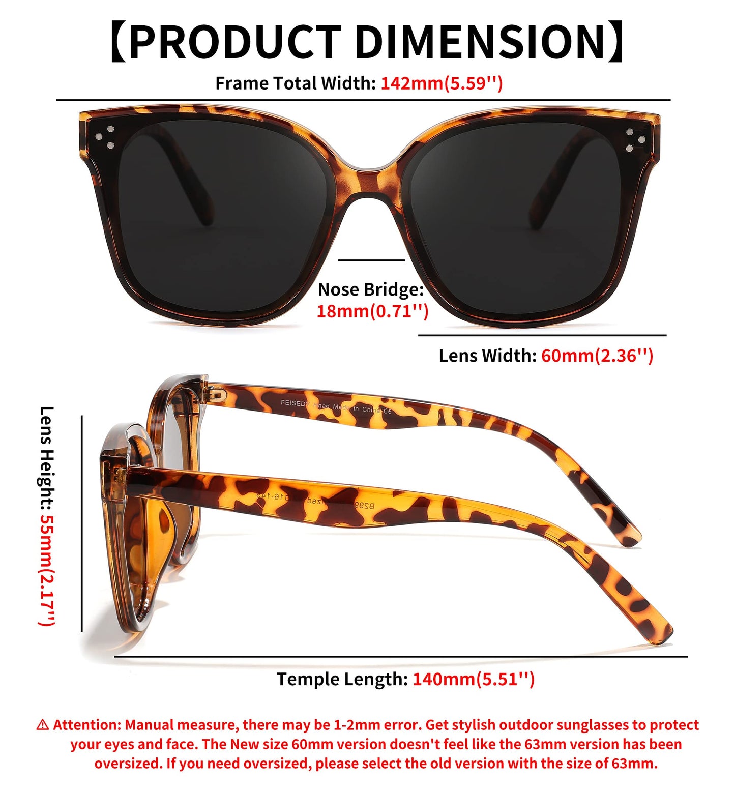 FEISEDY Lunettes de soleil polarisées carrées surdimensionnées rétro pour femmes et hommes, style minimaliste B2600