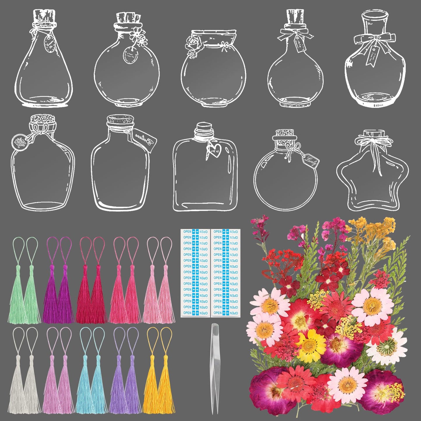 103PCS Bookmark Making Kit, Kaluofan DIY Bookmark Transparent Dried Flower Bookmarks Kit with Abundant Bottle Bookmarks Dried Flowers Tassels and Tweezer