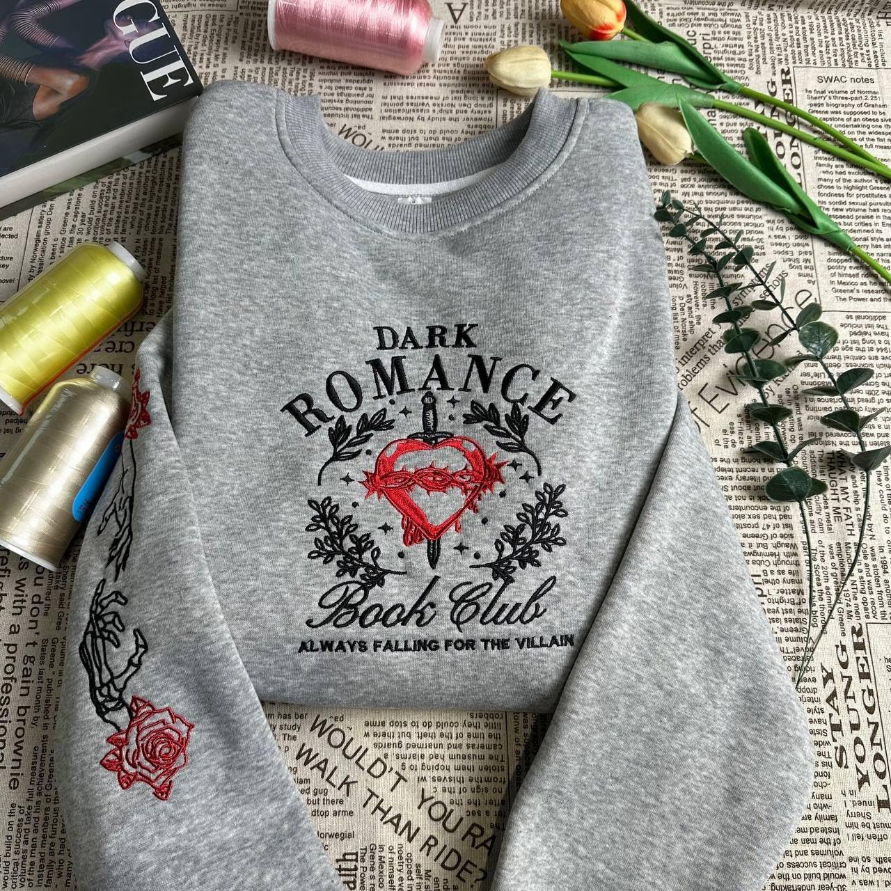 Sweat-shirt et sweat à capuche brodés "Dark Romance Book Club", T-shirt "Villian Dark Romance Book", Pull multicolore "Bookish"