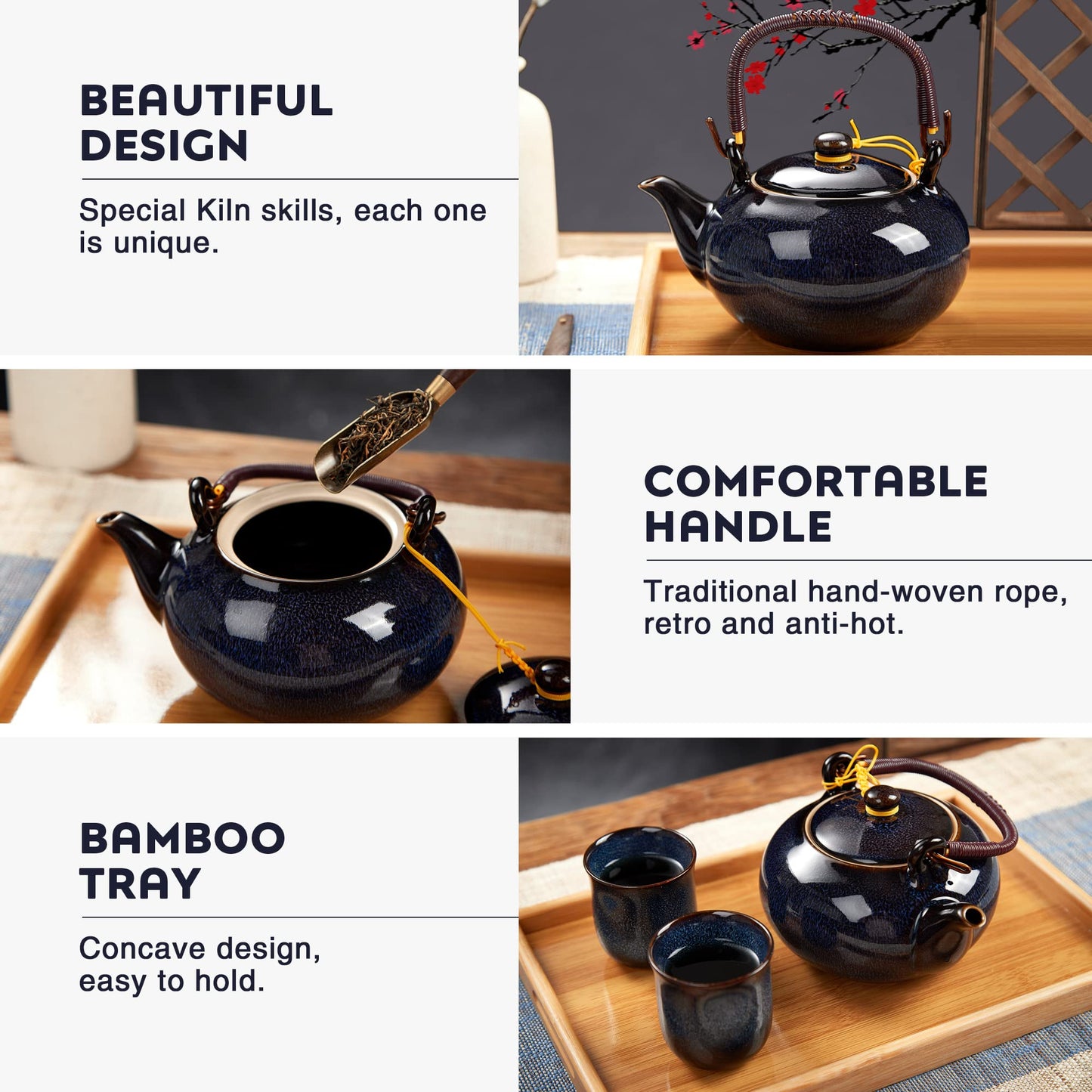 Service à Thé Japonais Dujust, Service à Thé en Porcelaine Noire avec 1 Théière, 6 Tasses à Thé, 1 Plateau de Service, 1 Infuseur en Acier Inoxydable, Magnifique Service à Thé Asiatique pour les Amateurs de Thé/Femmes/Hommes (Campagne Dorée)
