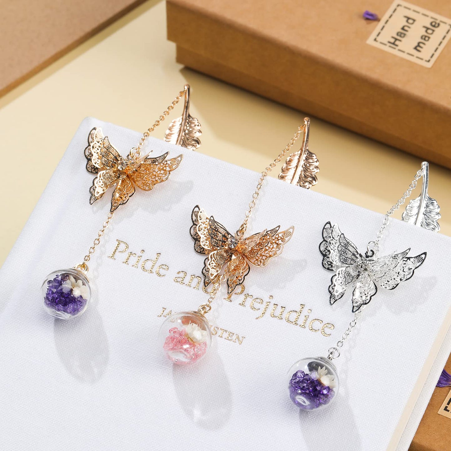 Jiazhenep Metal Feather Bookmark with Butterfly Charms,Mothers Day Christmas Gifts,Teacher Appreciation Gifts Bookmarks for Women Grils Mom Readers Book Lovers