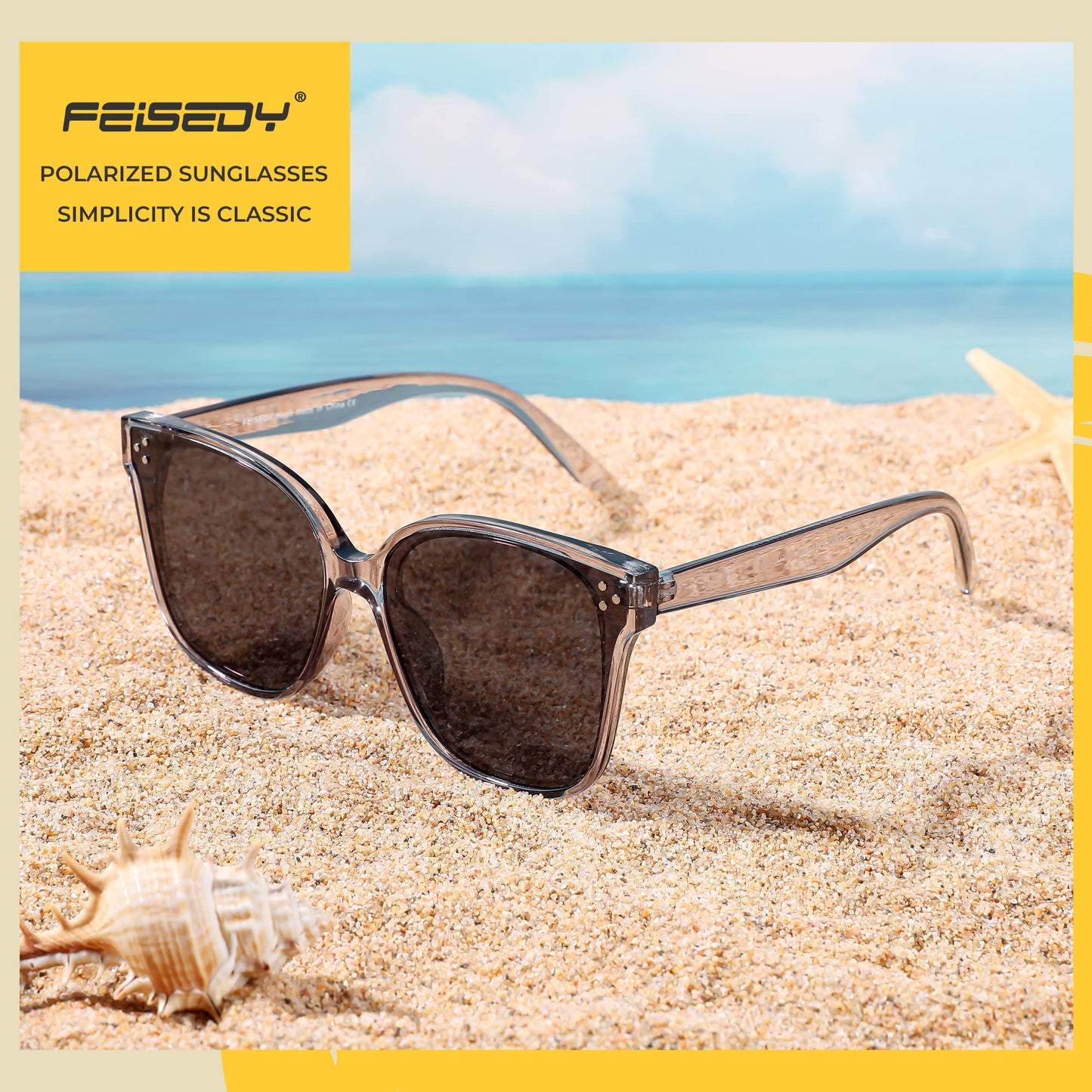 FEISEDY Lunettes de soleil polarisées carrées surdimensionnées rétro pour femmes et hommes, style minimaliste B2600