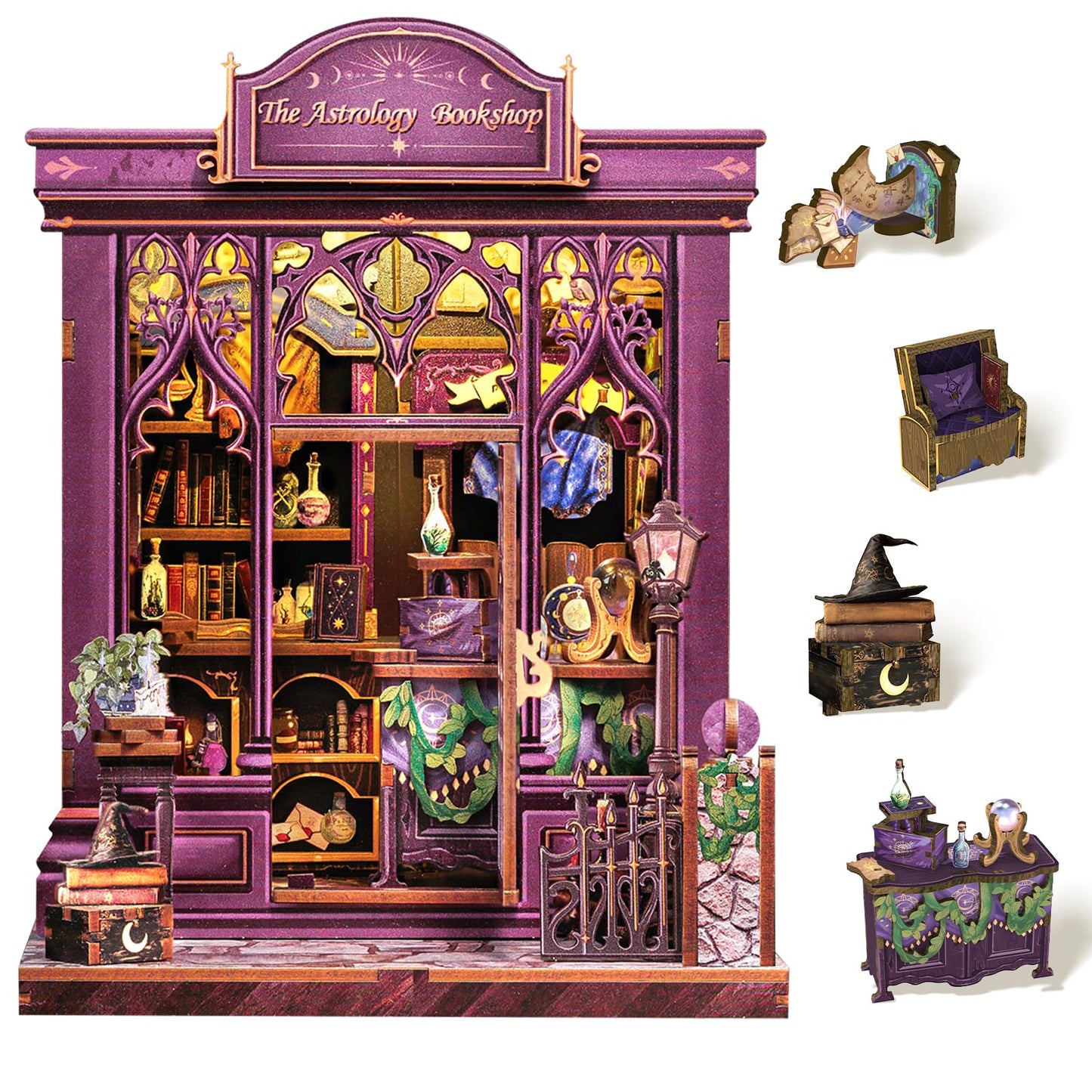 Cutefun Book Nook Kit, DIY Miniature House Kit for Adults, 3D Wooden Puzzle Mini House Building Kit with LED, Dollhouse Kit Bookshelf Insert Decor Creative Gifts for Teens (The Astrology Bookshop)