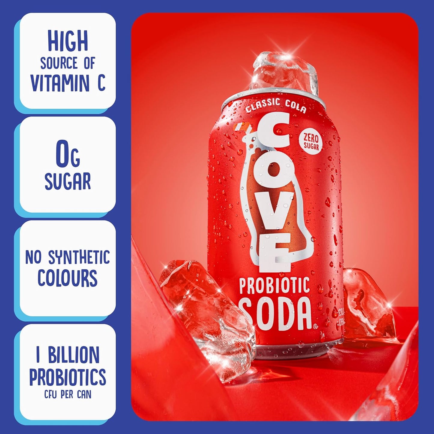 Cove Probiotic Soda, Zero Sugar Better-For-You Alternative - Refreshing, Delicious Probiotic Drink, No Artificial Colours & Caffeine Free - Raspberry, 12 Pack