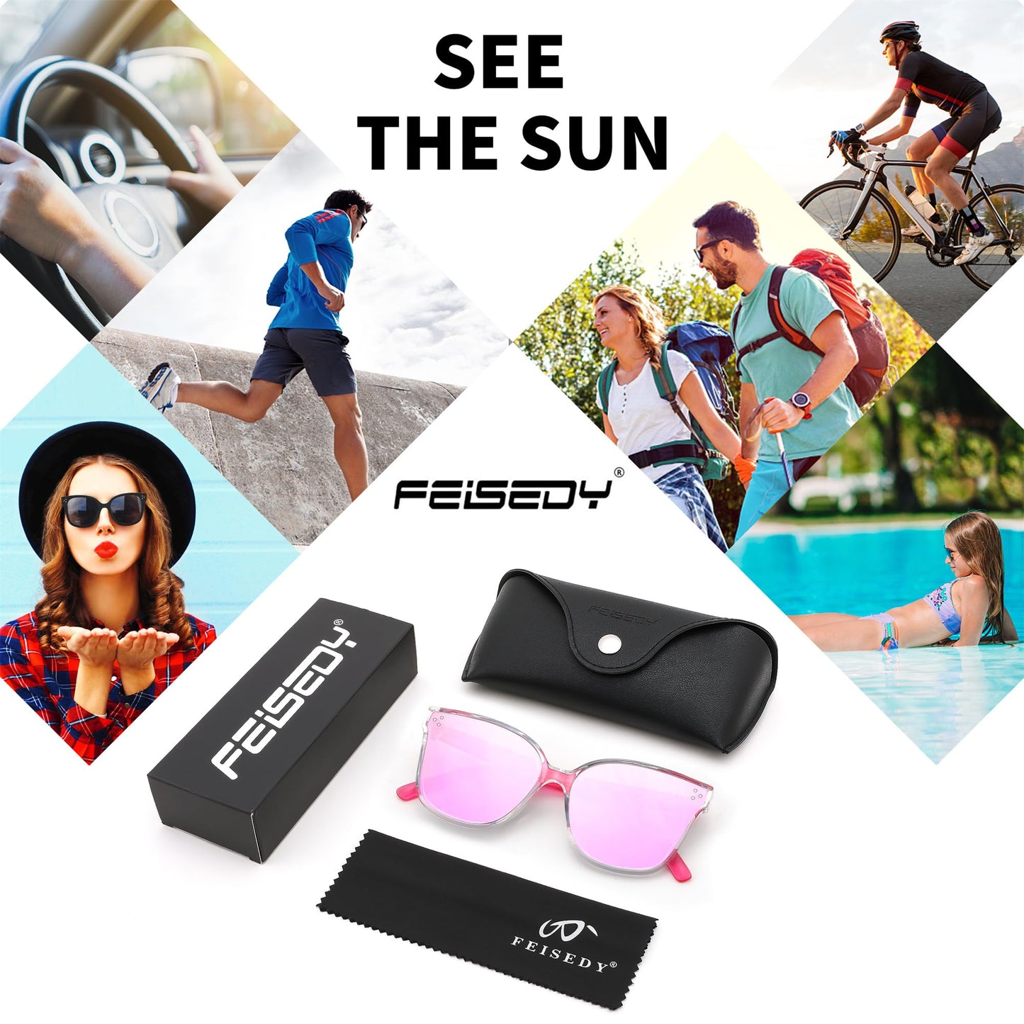 FEISEDY Lunettes de soleil polarisées carrées surdimensionnées rétro pour femmes et hommes, style minimaliste B2600