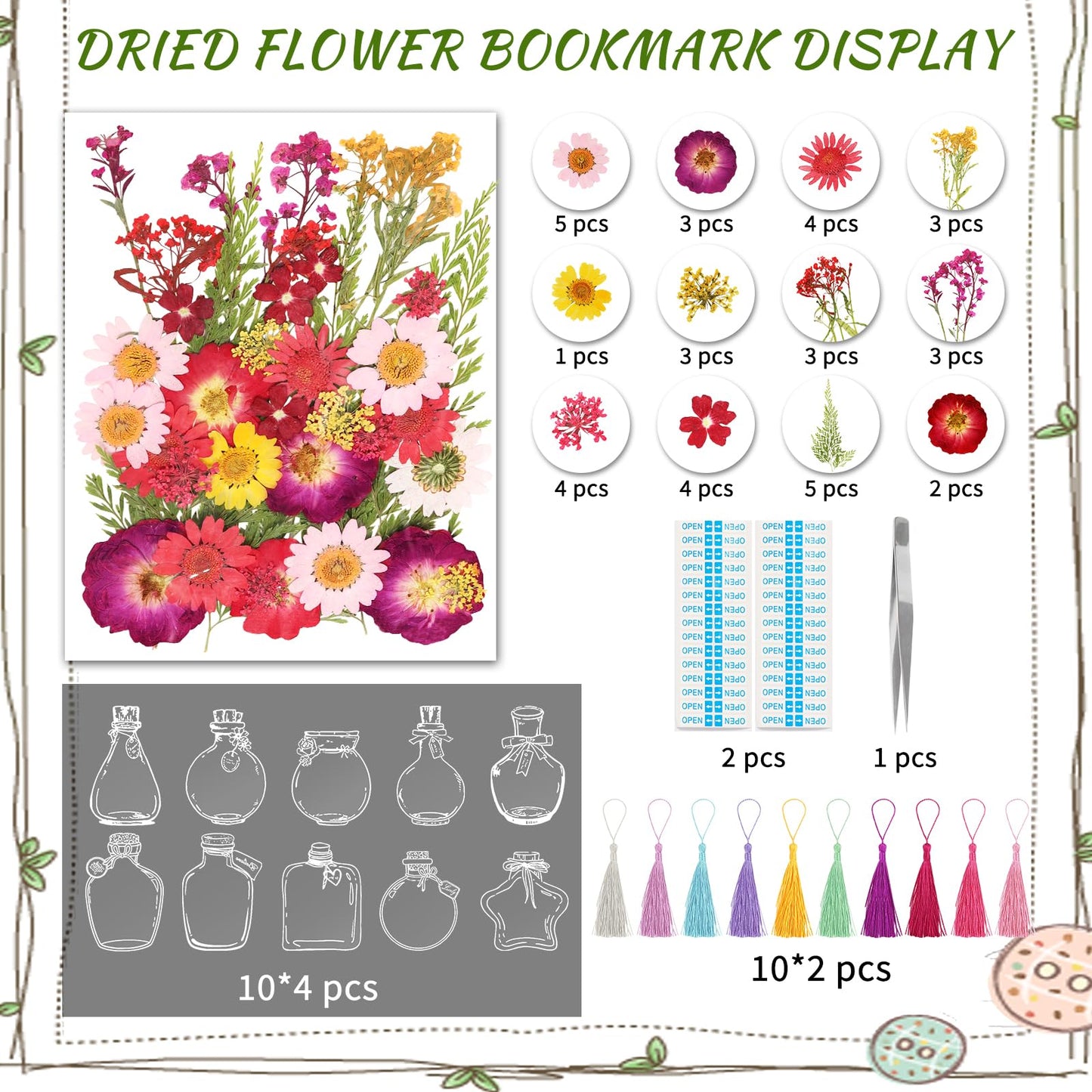 103PCS Bookmark Making Kit, Kaluofan DIY Bookmark Transparent Dried Flower Bookmarks Kit with Abundant Bottle Bookmarks Dried Flowers Tassels and Tweezer