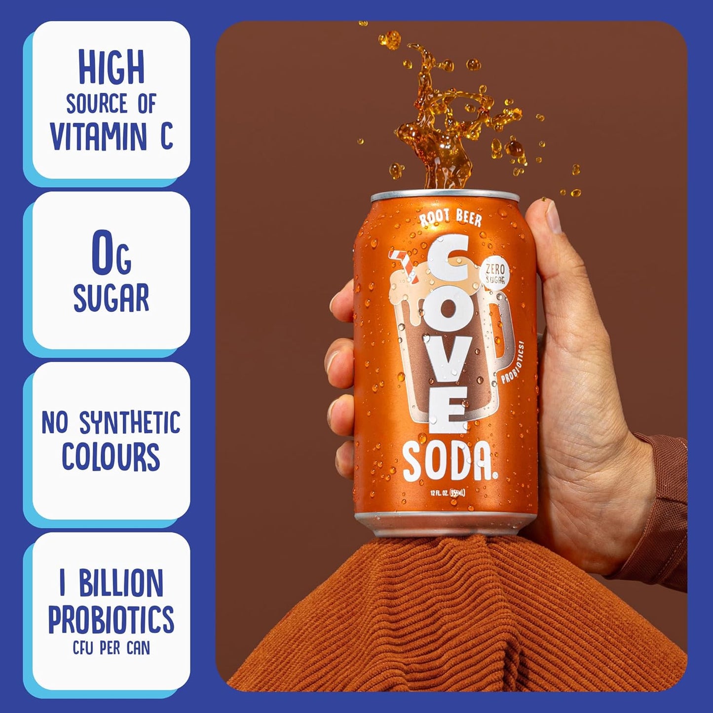 Cove Probiotic Soda, Zero Sugar Better-For-You Alternative - Refreshing, Delicious Probiotic Drink, No Artificial Colours & Caffeine Free - Raspberry, 12 Pack