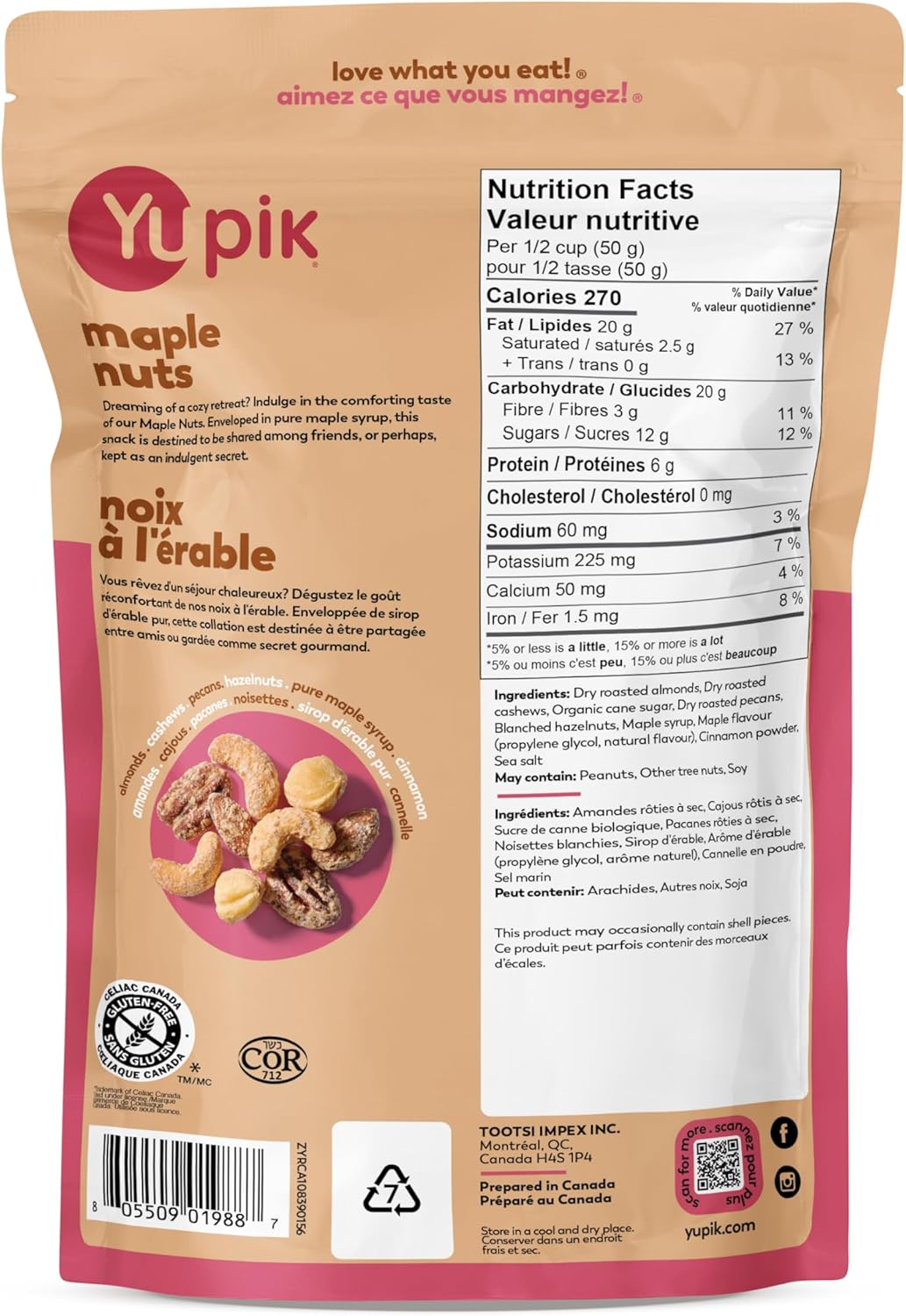 Mélange de noix à l'érable Yupik, 156 g, collation sans gluten, casher, sans OGM, noix glacées à l'érable, avec du sirop d'érable pur, amandes, noix de cajou, pacanes, noisettes rôties à sec, collation saveur cannelle douillette