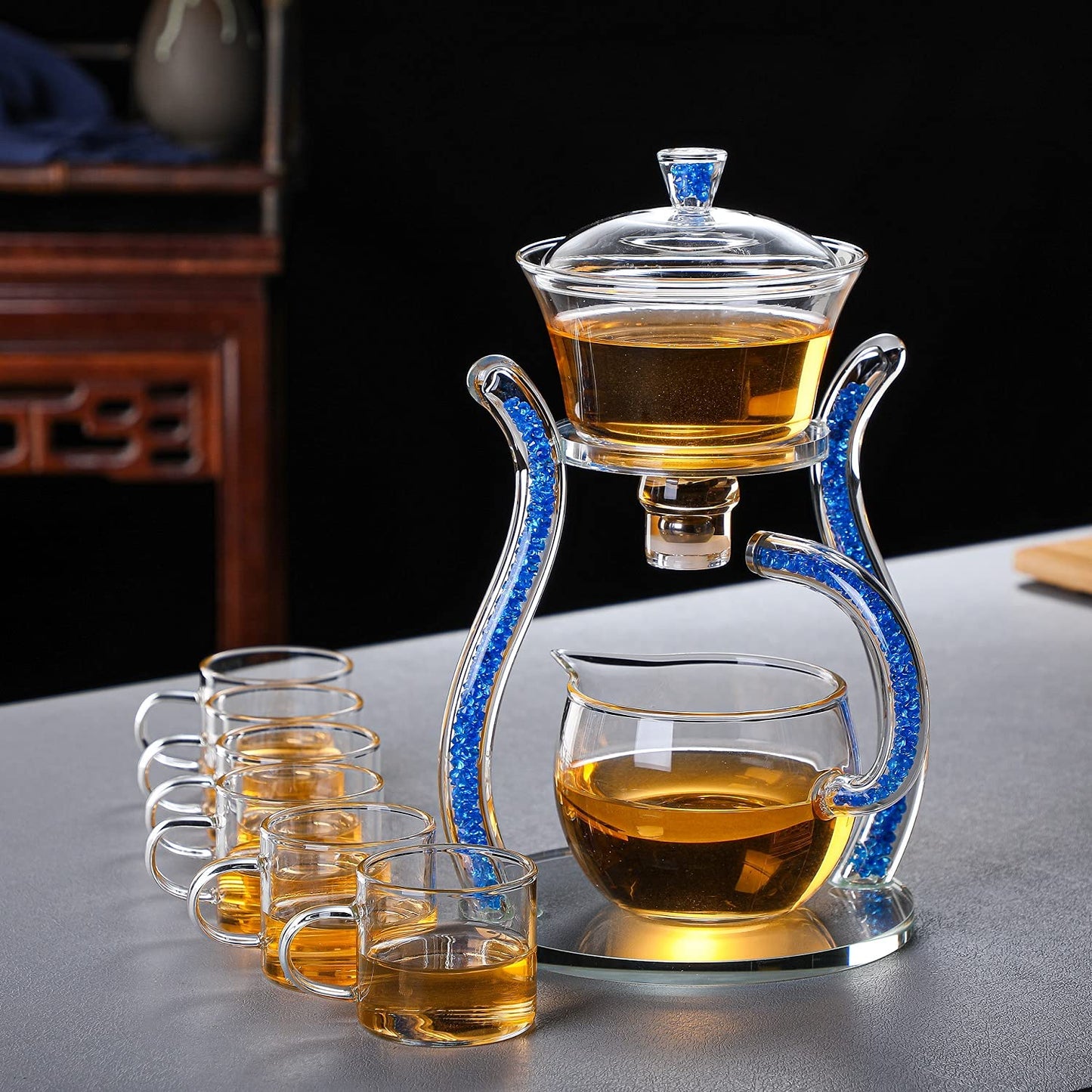 RORA Lazy Kungfu Magnetic Glass Teapot Set with Rotating Lid, Semi-Automatic (6 Tea Cups)