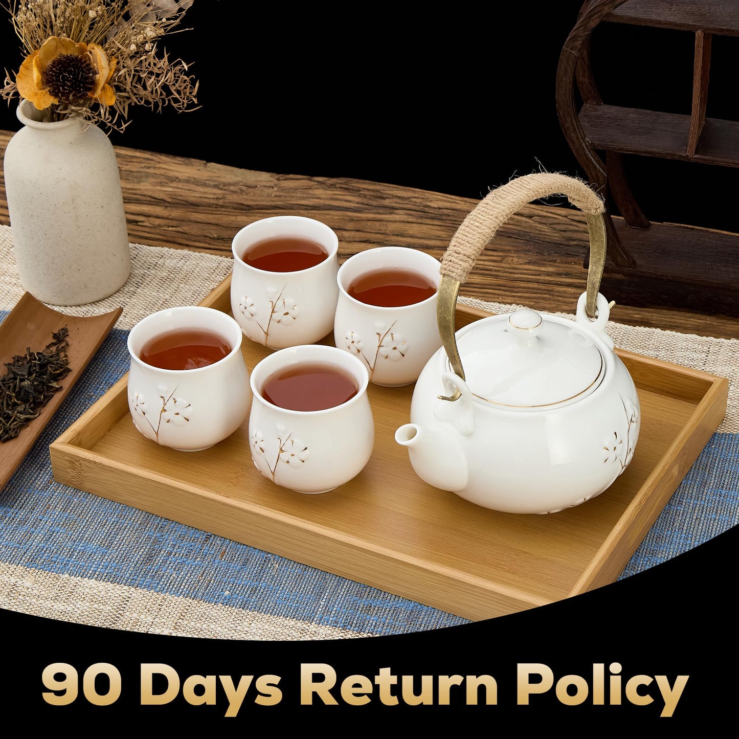 Service à Thé Japonais Dujust, Service à Thé en Porcelaine Noire avec 1 Théière, 6 Tasses à Thé, 1 Plateau de Service, 1 Infuseur en Acier Inoxydable, Magnifique Service à Thé Asiatique pour les Amateurs de Thé/Femmes/Hommes (Campagne Dorée)
