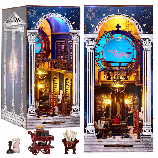 Book Nook Kit - Secret of The Galaxy, DIY Booknook Kit for Adults, 3D Wooden Puzzle Bookshelf Insert Decor with LED Lights, Craft Gift for Teens Family Friends