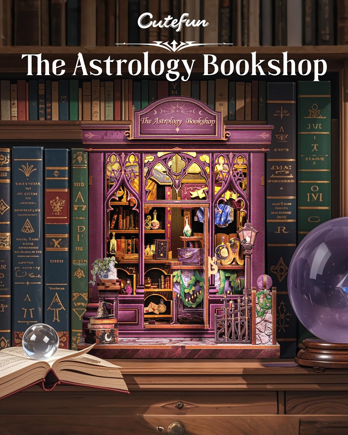 Cutefun Book Nook Kit, DIY Miniature House Kit for Adults, 3D Wooden Puzzle Mini House Building Kit with LED, Dollhouse Kit Bookshelf Insert Decor Creative Gifts for Teens (The Astrology Bookshop)