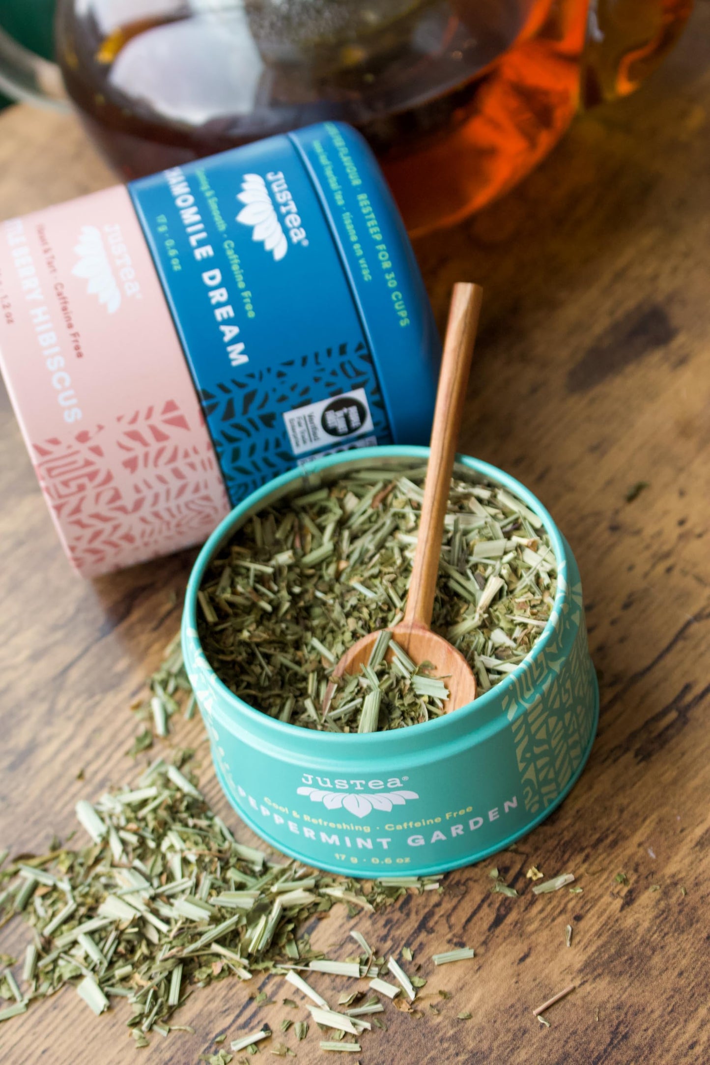 JusTea – Herbal Tea Trio – Variety Pack – Loose Leaf + Carved Spoon - Canadian Distribution - Ships Free Within Canada on Orders Above CAD $199