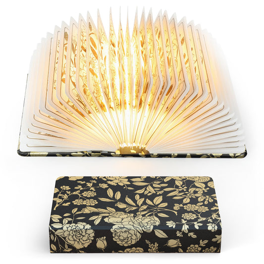 Floral Print Book Light,3-Color Book Lamp Book Lovers Gifts | 1200mAh Portable Foldable Paper Desk Lamp | Night Reading Bookshelf Lamp, Gifts for Women Birthday Ambient Lighting(Black Gold)