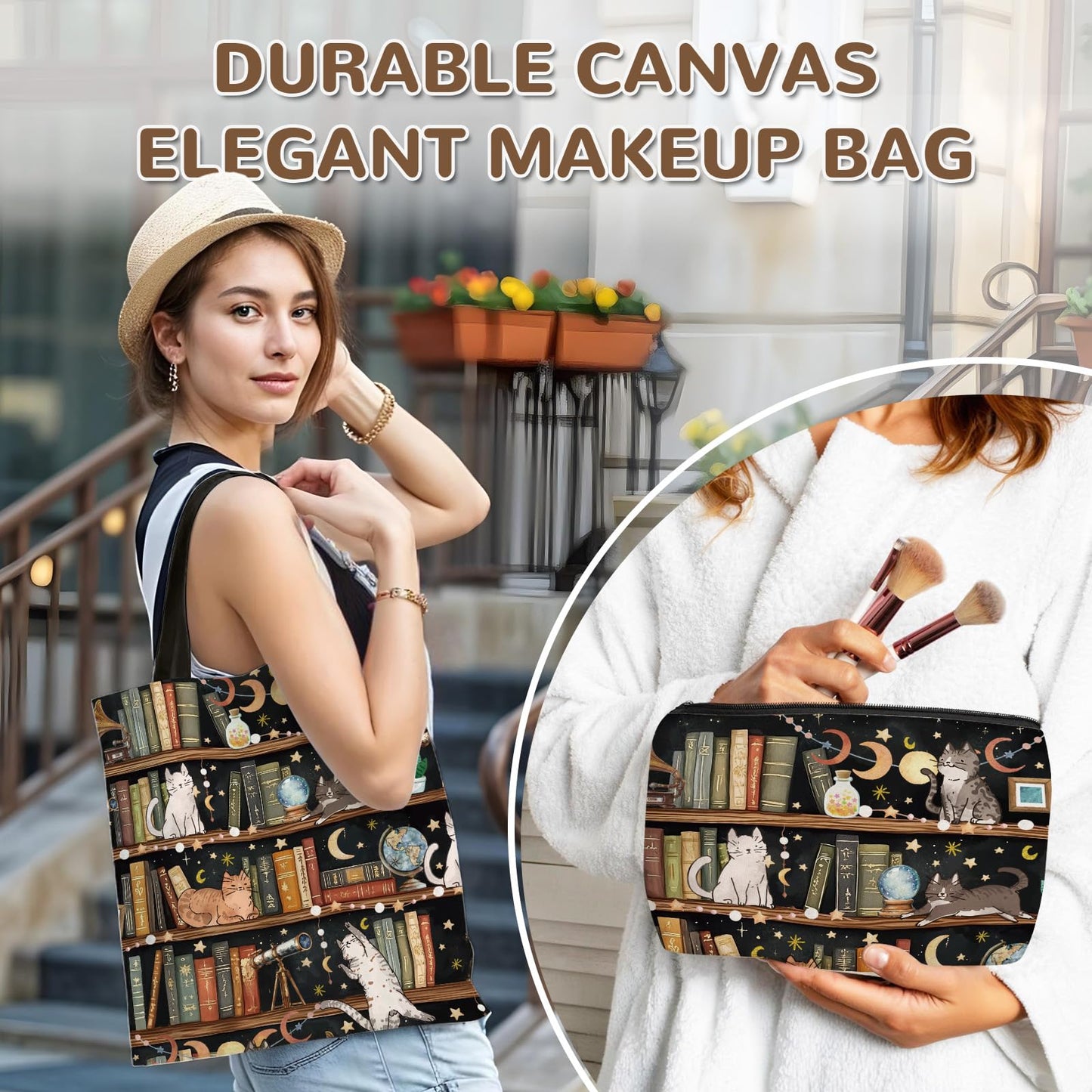 Wazzio Aesthetic Lot de 2 Sacs Fourre-Tout en Toile avec Trousse de Maquillage, Sacs de Courses Réutilisables pour le Shopping, la Salle de Sport, les Voyages, le Travail, les Vacances