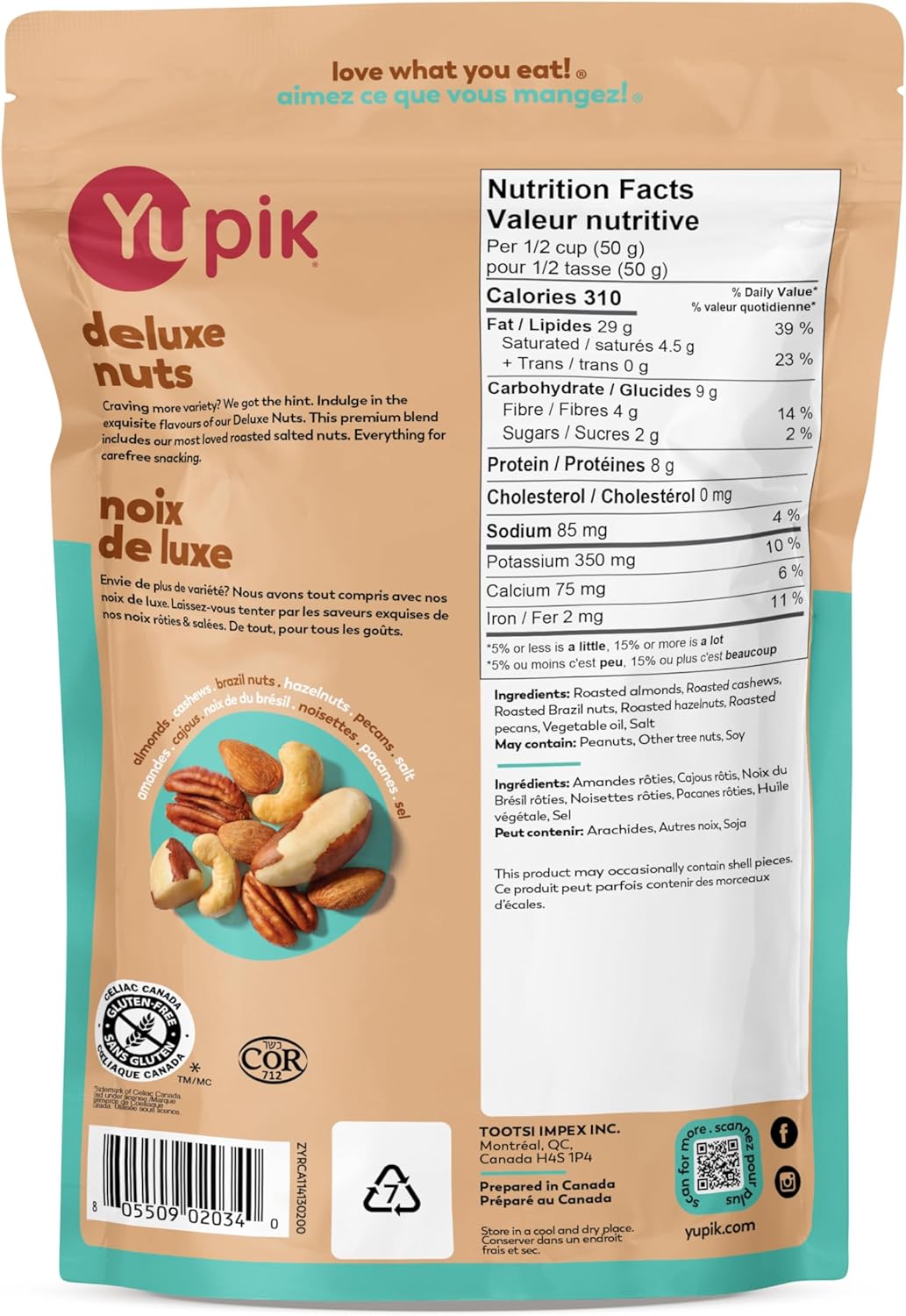 Mélange de noix de luxe Yupik, rôties salées, 200 g, Casher, Sans gluten, Sans OGM, Savoureux mélange d'amandes, de noix de cajou, de noix du Brésil, de noisettes et de pacanes, Mélange montagnard croquant, Collations protéinées nutritives