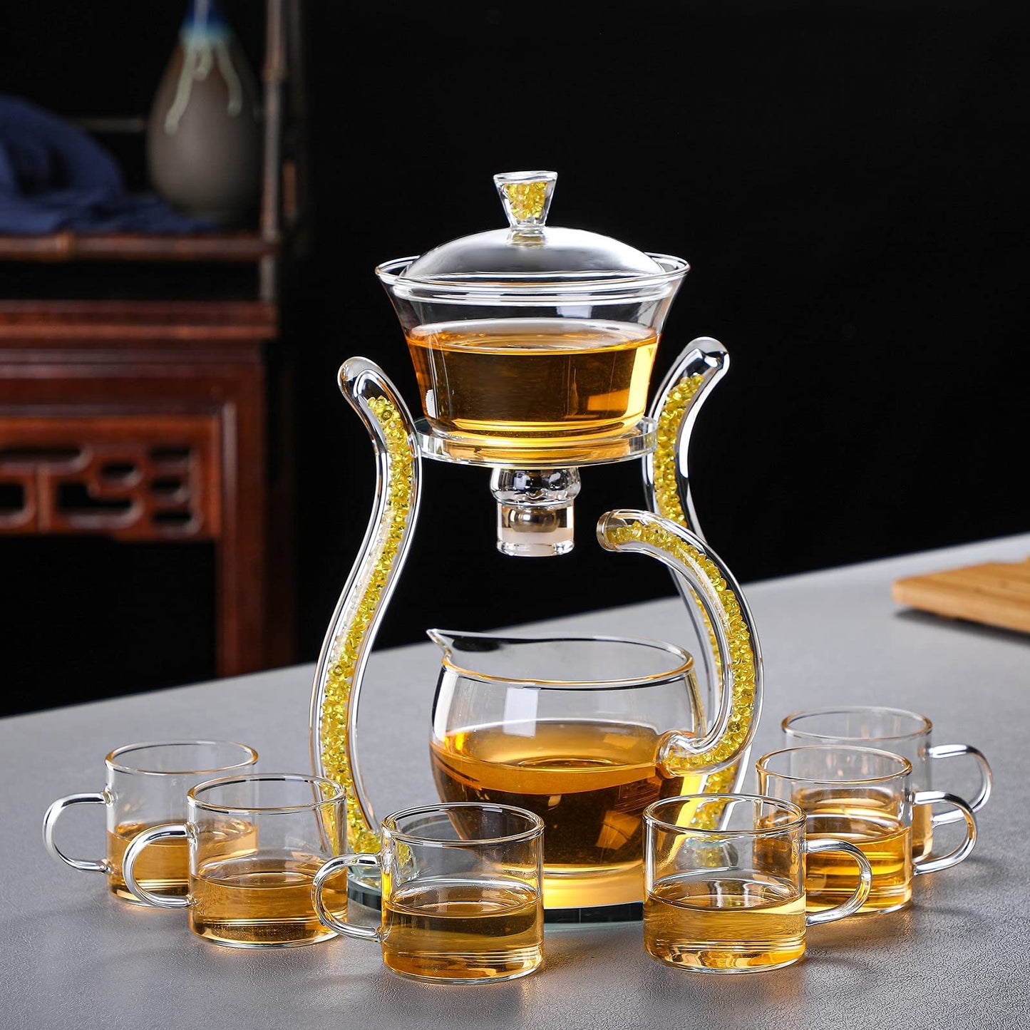 RORA Lazy Kungfu Magnetic Glass Teapot Set with Rotating Lid, Semi-Automatic (6 Tea Cups)