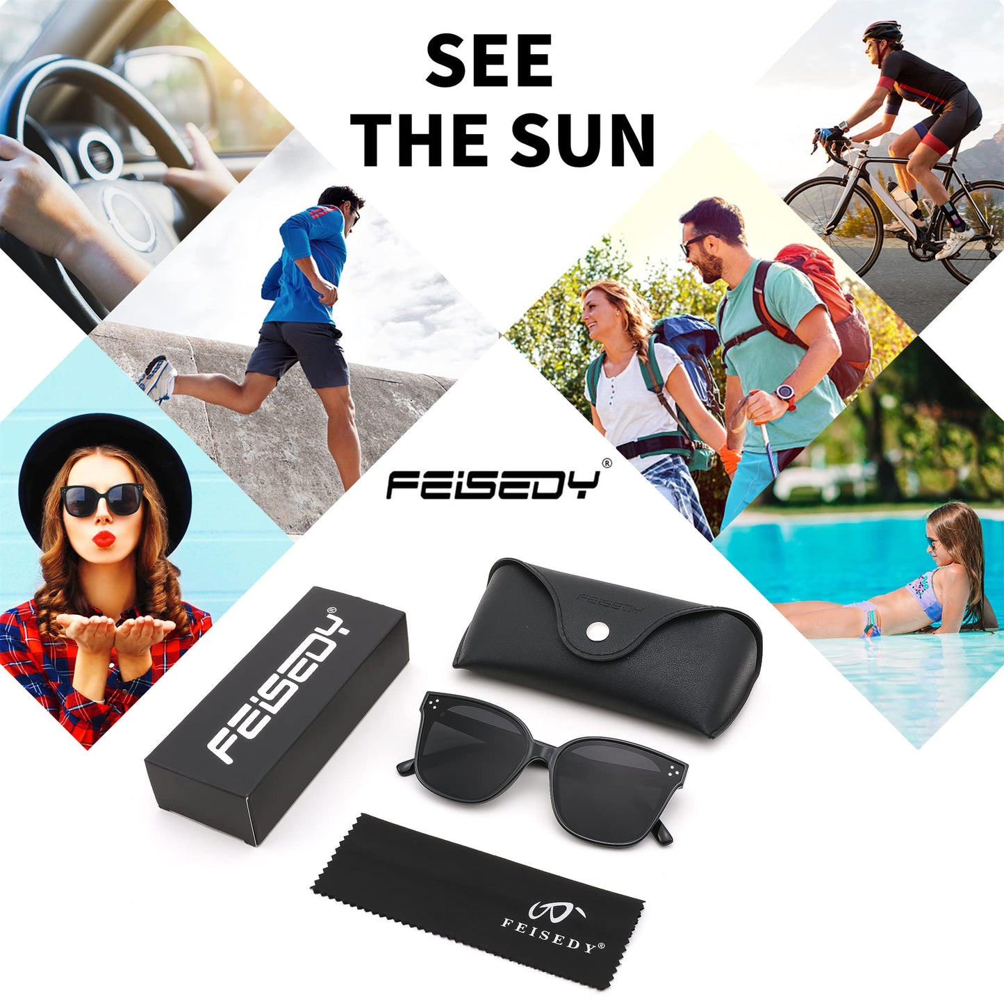 FEISEDY Lunettes de soleil polarisées carrées surdimensionnées rétro pour femmes et hommes, style minimaliste B2600