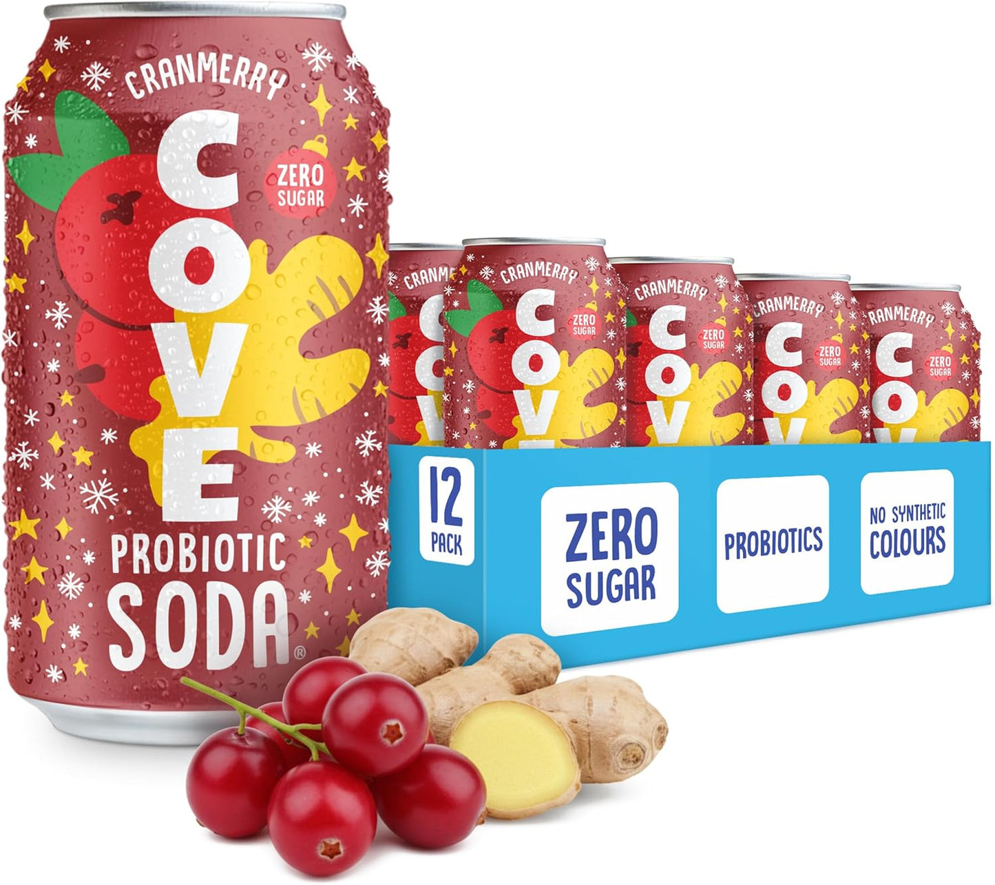 Cove Probiotic Soda, Zero Sugar Better-For-You Alternative - Refreshing, Delicious Probiotic Drink, No Artificial Colours & Caffeine Free - Raspberry, 12 Pack