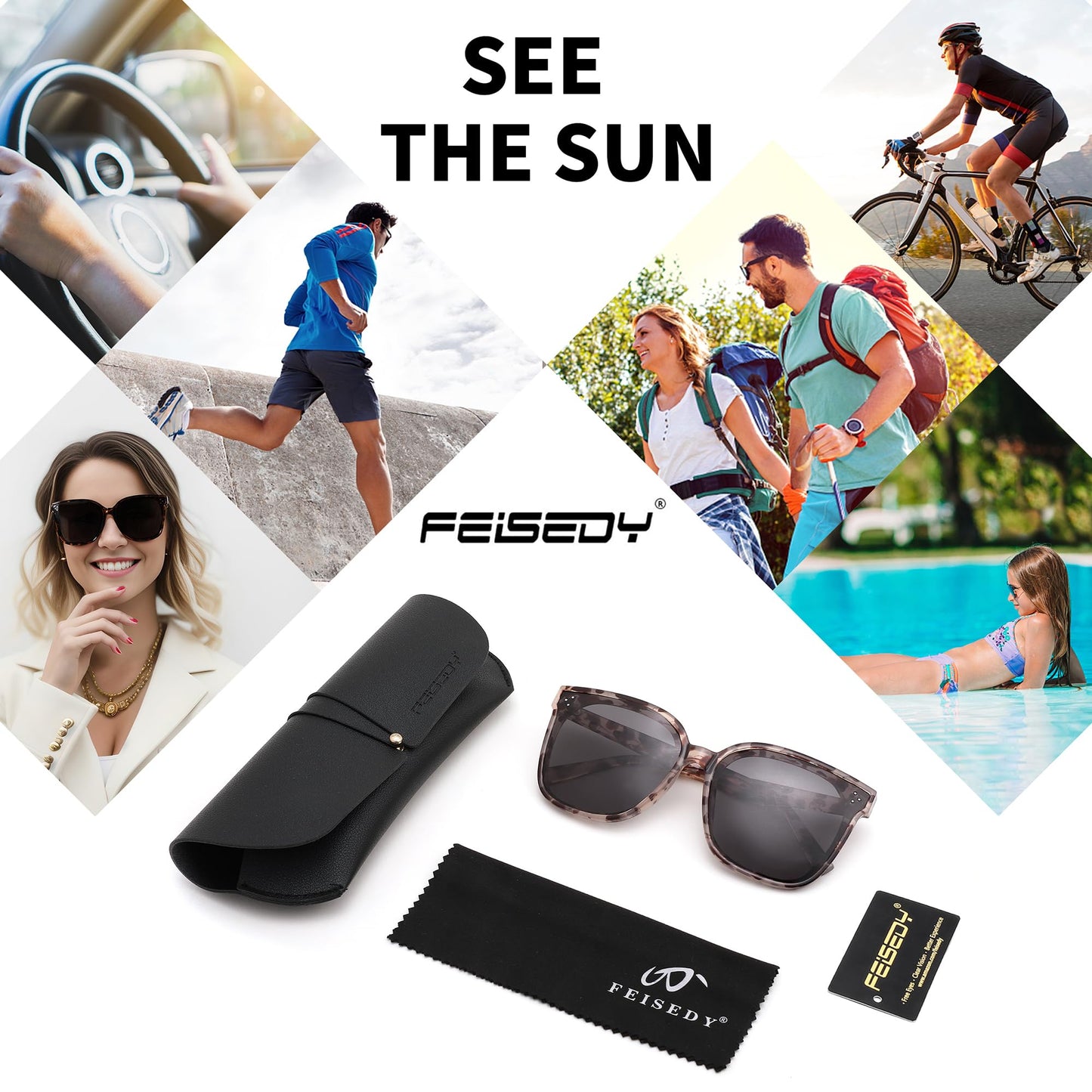 FEISEDY Lunettes de soleil polarisées carrées surdimensionnées rétro pour femmes et hommes, style minimaliste B2600