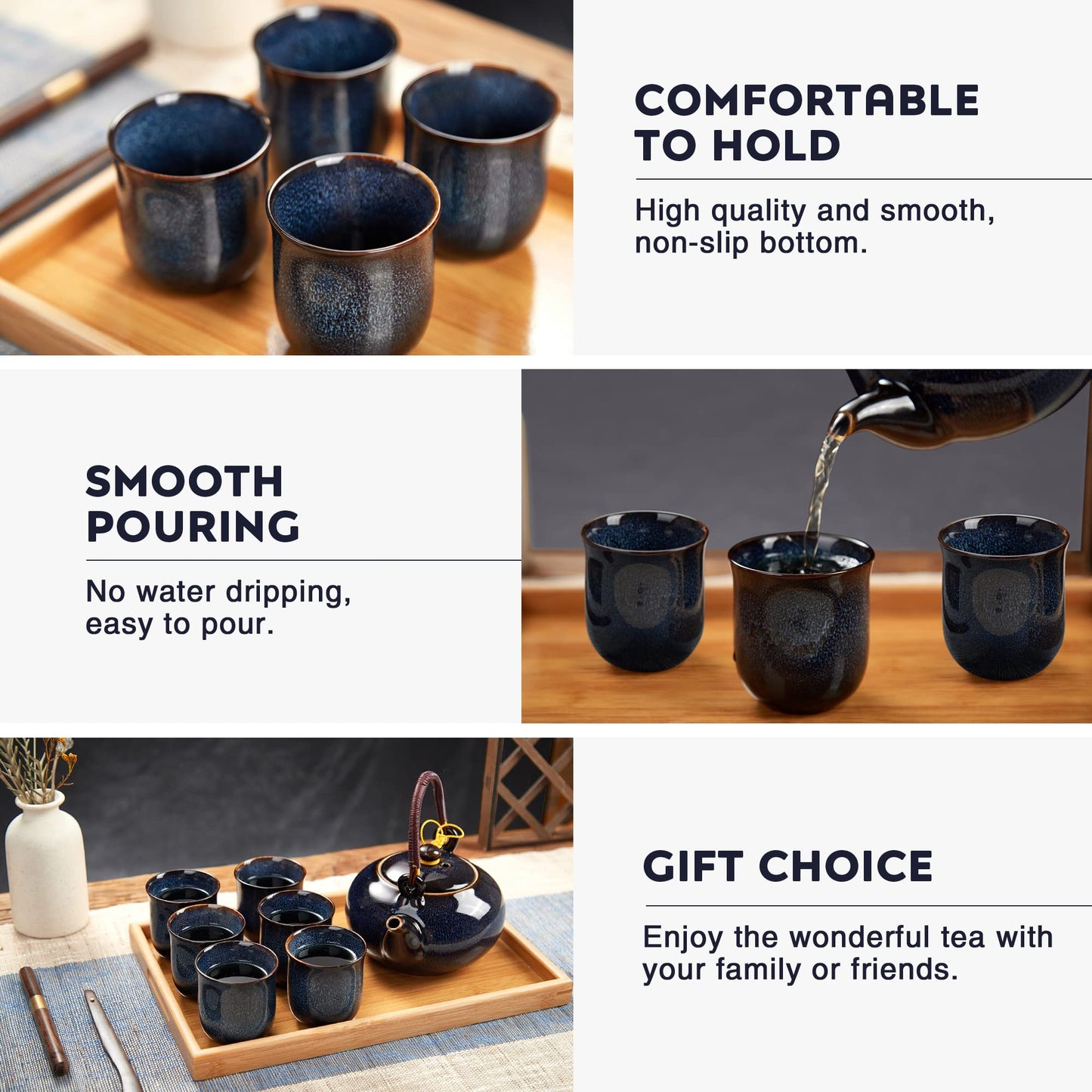 Service à Thé Japonais Dujust, Service à Thé en Porcelaine Noire avec 1 Théière, 6 Tasses à Thé, 1 Plateau de Service, 1 Infuseur en Acier Inoxydable, Magnifique Service à Thé Asiatique pour les Amateurs de Thé/Femmes/Hommes (Campagne Dorée)