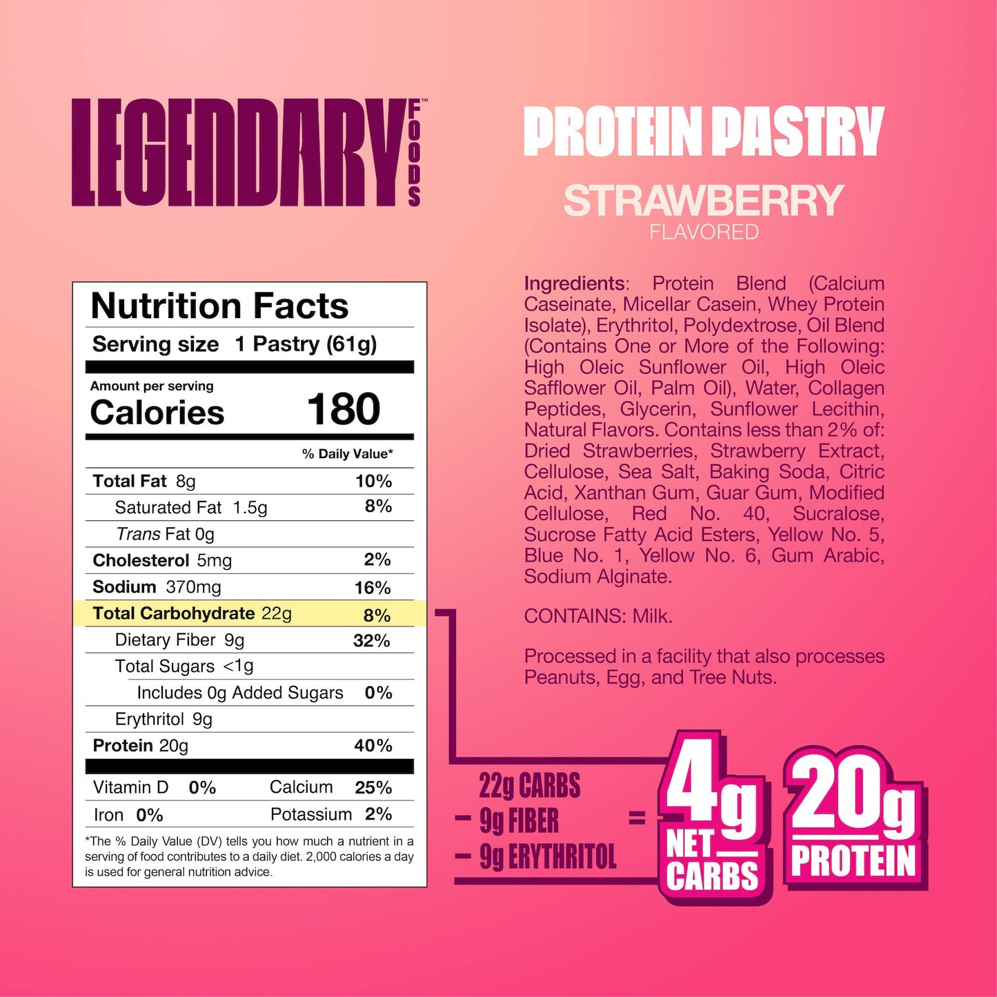 Legendary Foods 20 gr Protein Pastry | Low Carb Tasty Protein Bar Alternative | Keto Friendly | No Sugar Added | High Protein Snacks | On-The-Go Breakfast | Gluten Free Keto Food - Strawberry (10-Pack)