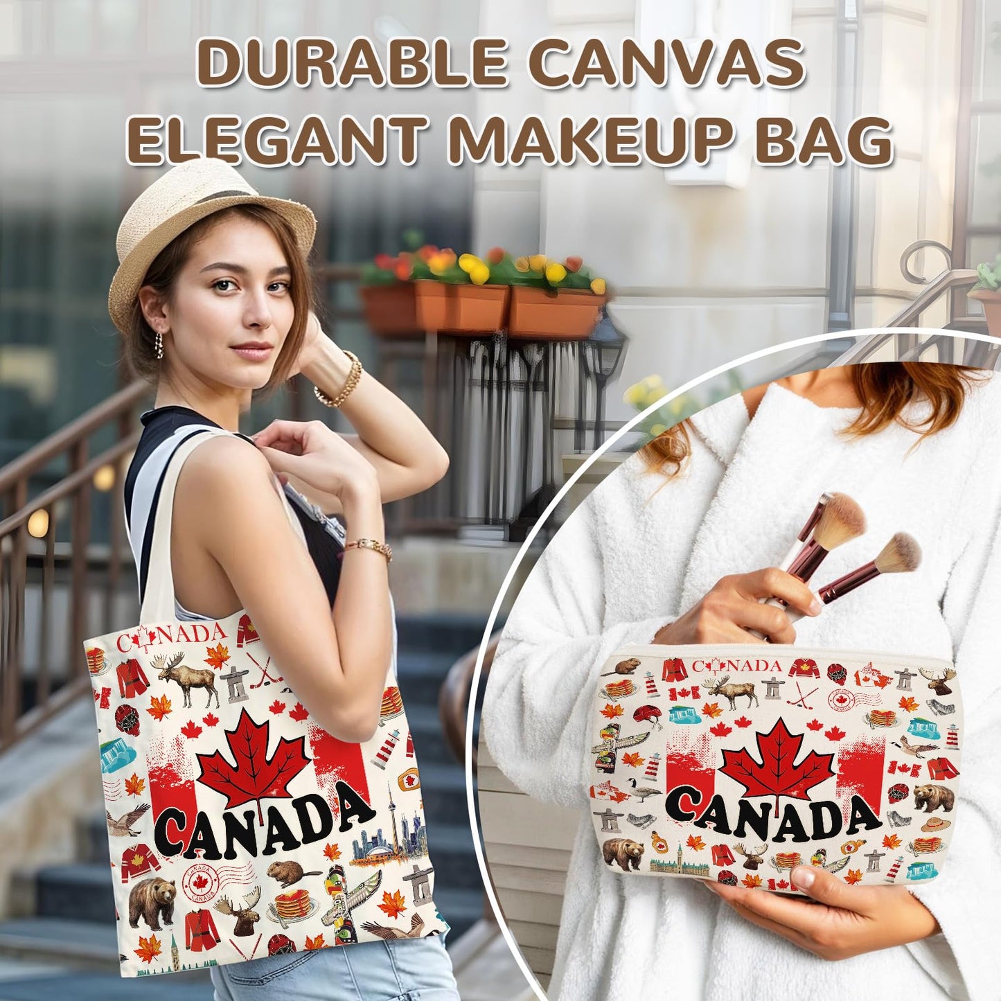 Wazzio Aesthetic Lot de 2 Sacs Fourre-Tout en Toile avec Trousse de Maquillage, Sacs de Courses Réutilisables pour le Shopping, la Salle de Sport, les Voyages, le Travail, les Vacances