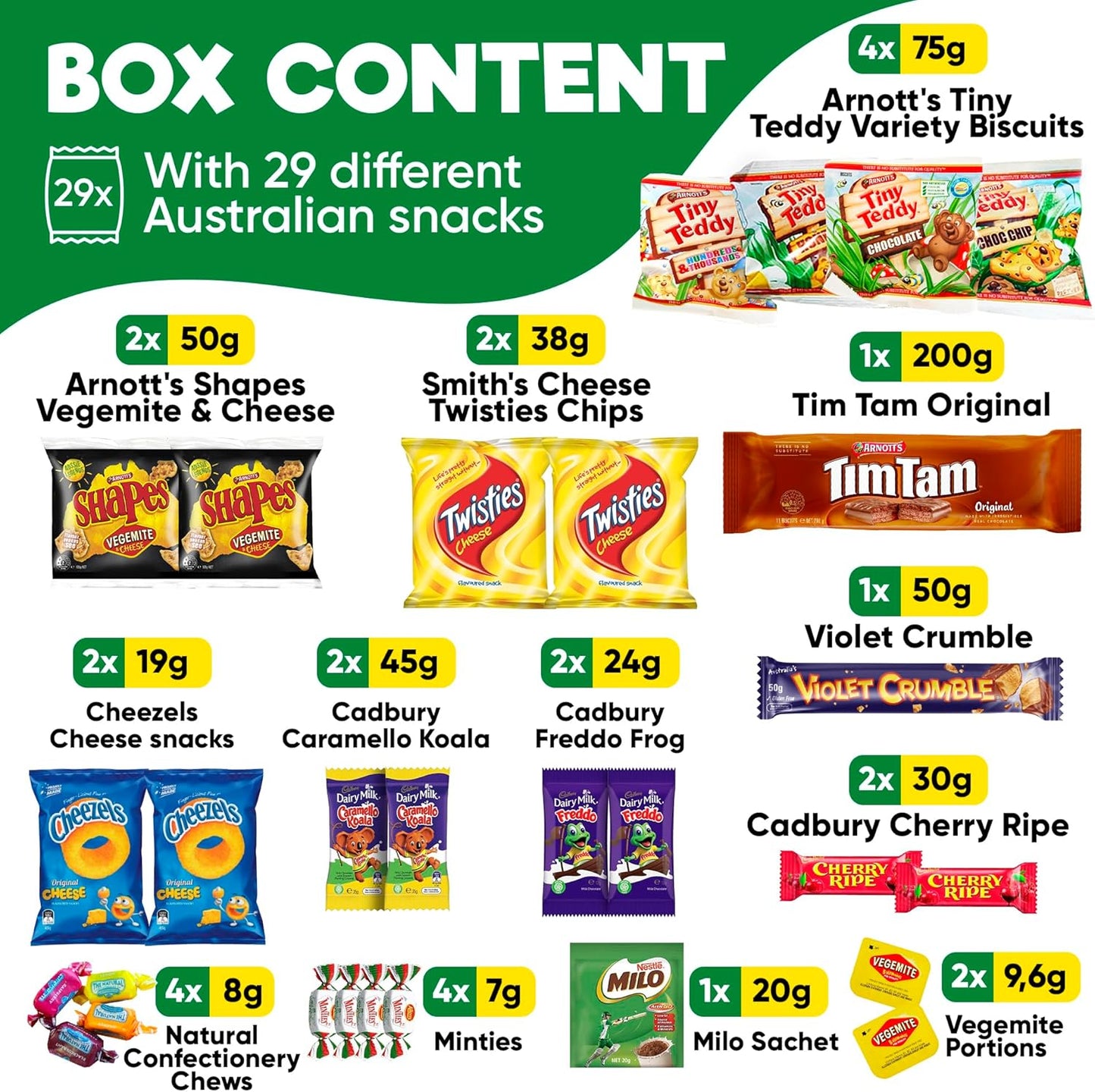 Australian Snack gift Box (29 Units) Best Australian Candy and Food Products Packed With Aussie Candy Classics Including Tim Tams, Arnott’s, Twisties, Cherry Ripe and Much More - Happy Tucker