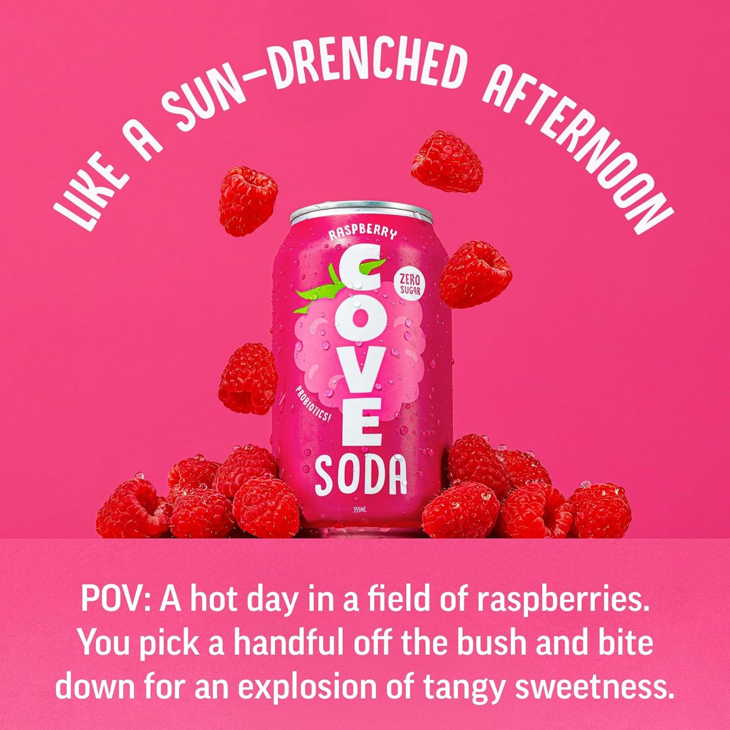 Cove Probiotic Soda, Zero Sugar Better-For-You Alternative - Refreshing, Delicious Probiotic Drink, No Artificial Colours & Caffeine Free - Raspberry, 12 Pack