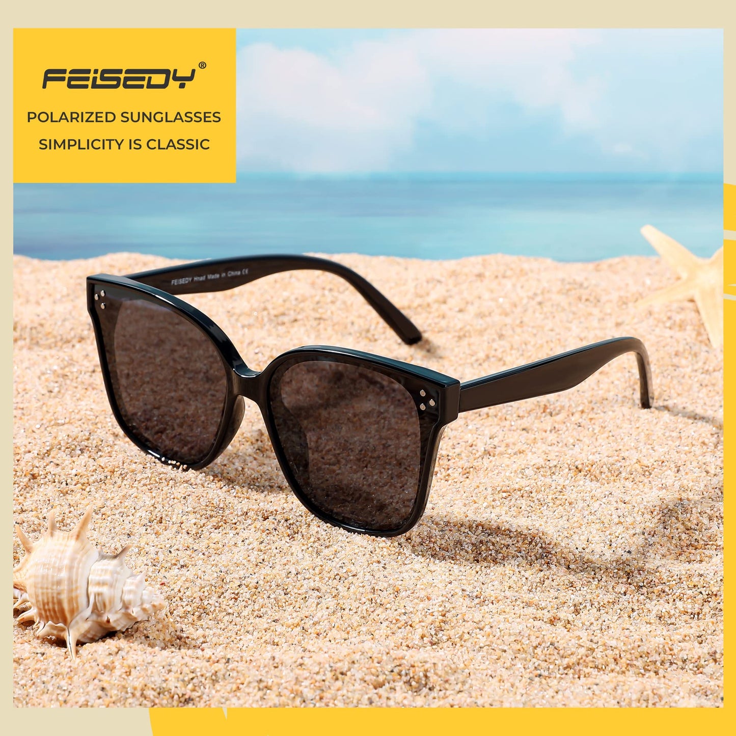 FEISEDY Lunettes de soleil polarisées carrées surdimensionnées rétro pour femmes et hommes, style minimaliste B2600