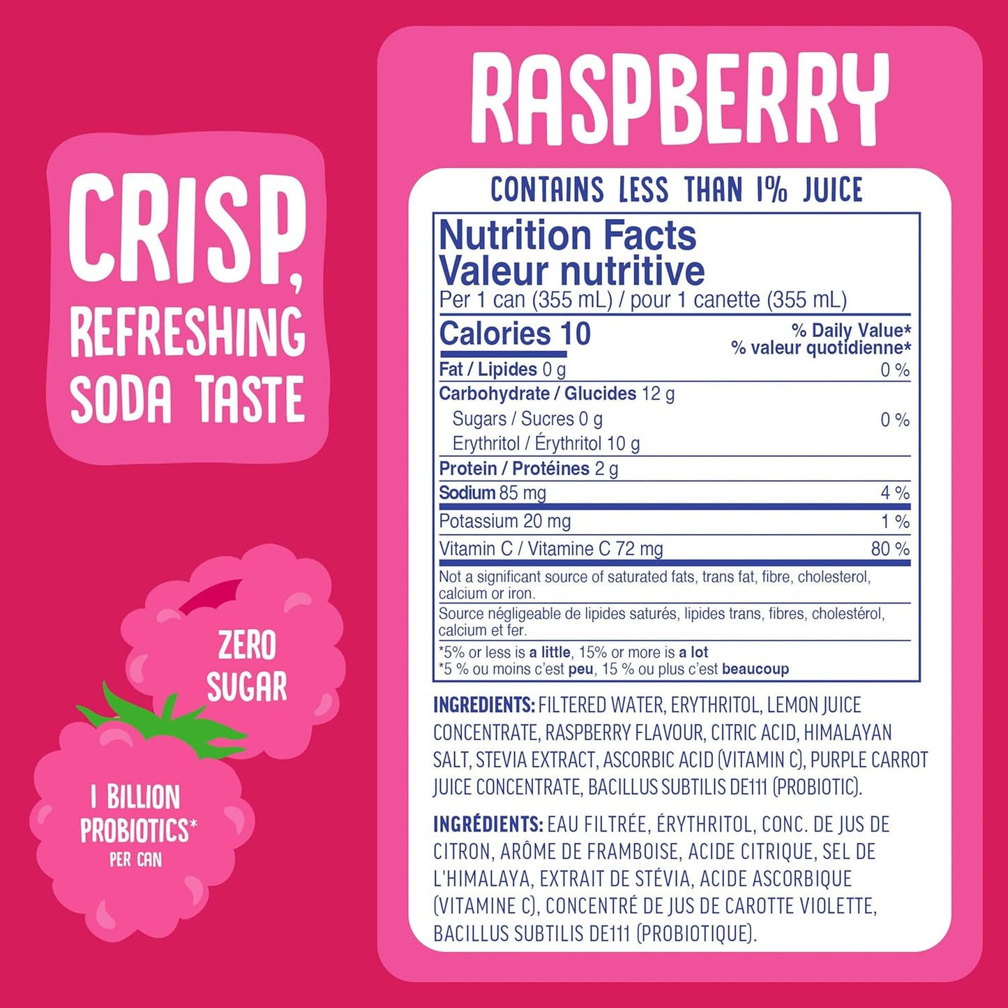 Cove Probiotic Soda, Zero Sugar Better-For-You Alternative - Refreshing, Delicious Probiotic Drink, No Artificial Colours & Caffeine Free - Raspberry, 12 Pack