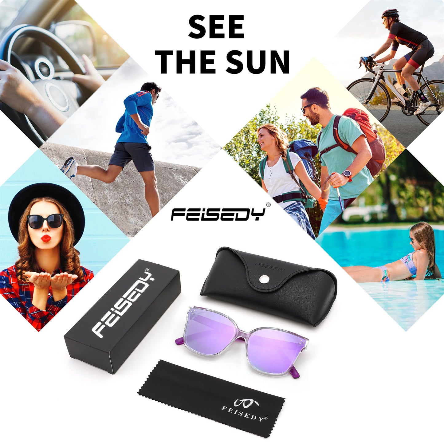 FEISEDY Lunettes de soleil polarisées carrées surdimensionnées rétro pour femmes et hommes, style minimaliste B2600
