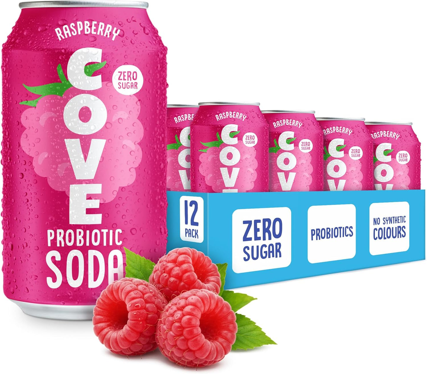 Cove Probiotic Soda, Zero Sugar Better-For-You Alternative - Refreshing, Delicious Probiotic Drink, No Artificial Colours & Caffeine Free - Raspberry, 12 Pack