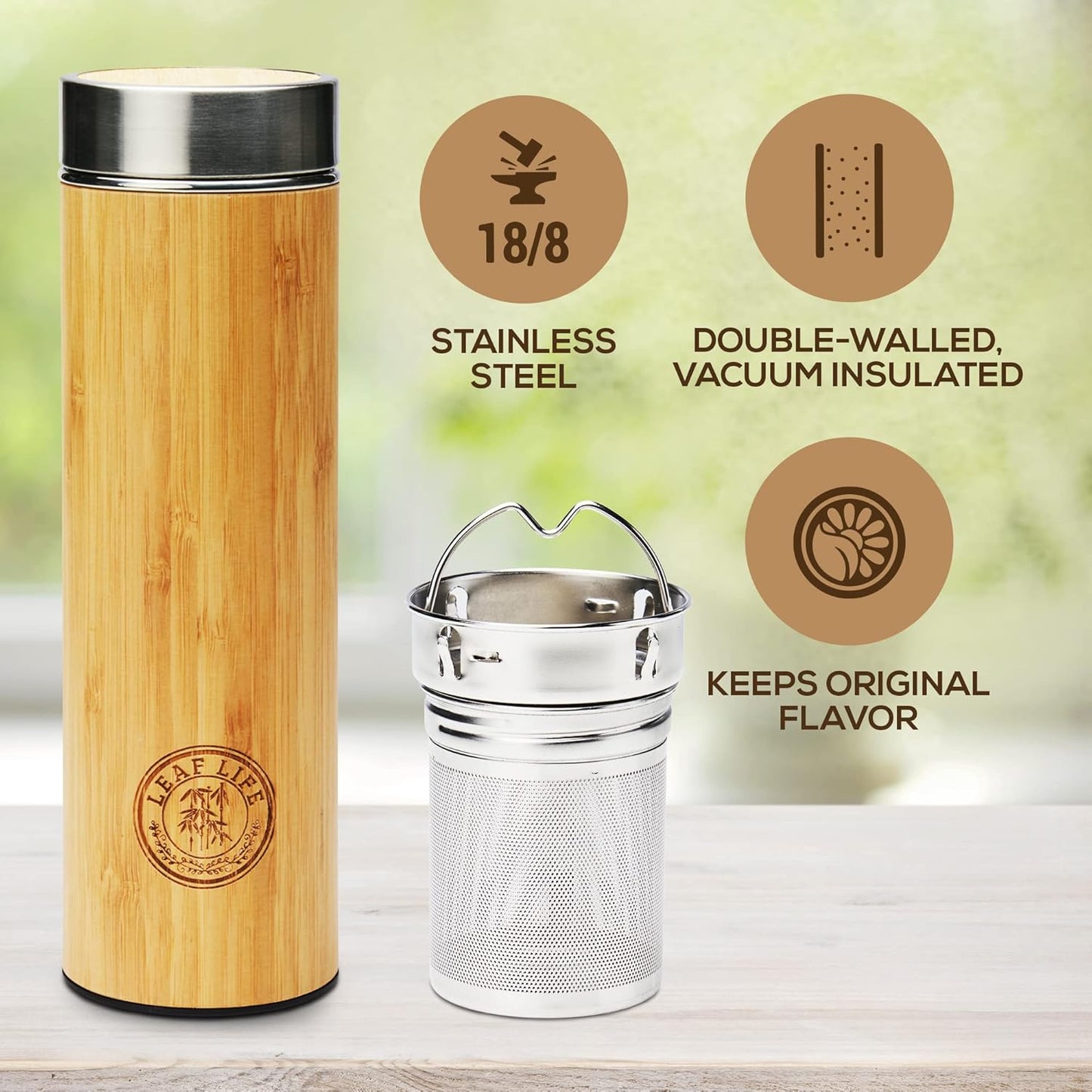 Bouteille à thé en bambou durable avec infuseur – 12h chaud et froid – Acier inoxydable à double paroi sous vide