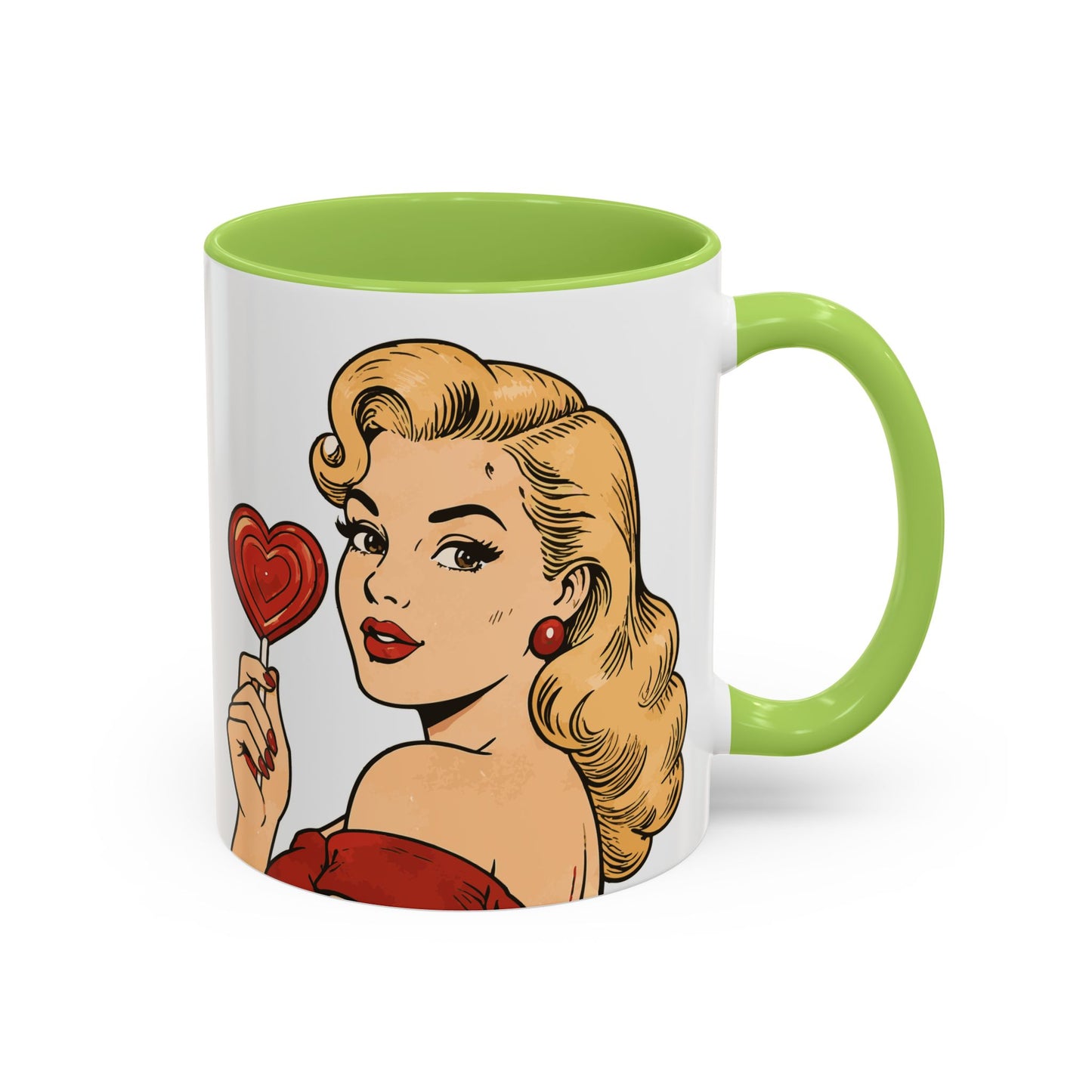 Retro Pin-Up Coffee Mug — Vintage Pop Art Woman with Heart Lollipop (11oz)