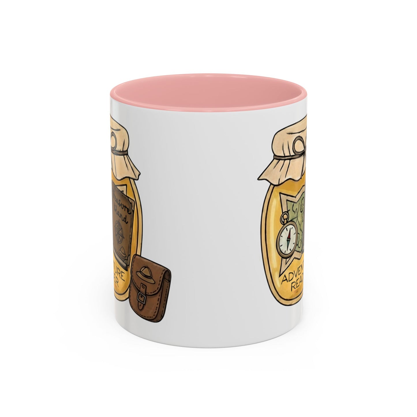"Adventure Reader" Accent Coffee Mug — Bookish Travel Compass & Treasure Jam Jar Design