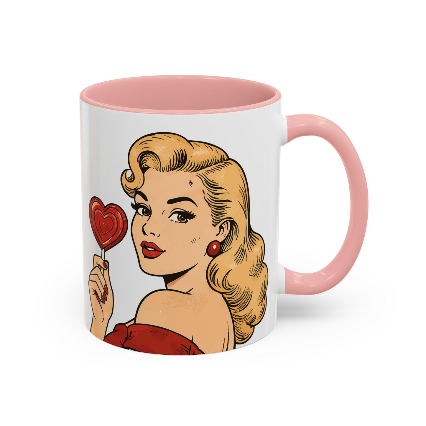 Retro Pin-Up Coffee Mug — Vintage Pop Art Woman with Heart Lollipop (11oz)