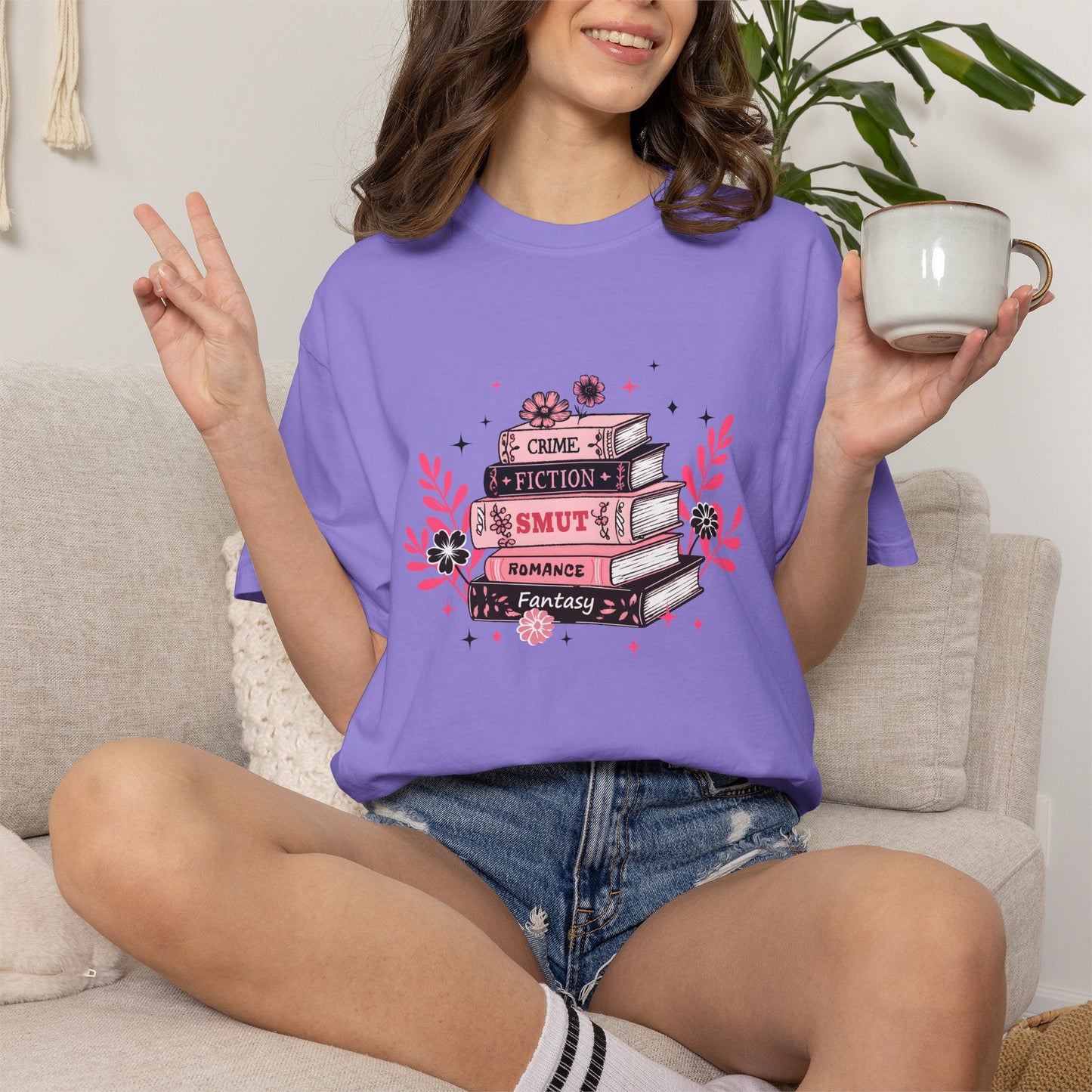 Book Stack Graphic T-Shirt — Cute Floral Reading Shirt (Crime, Fiction, Smut, Romance)