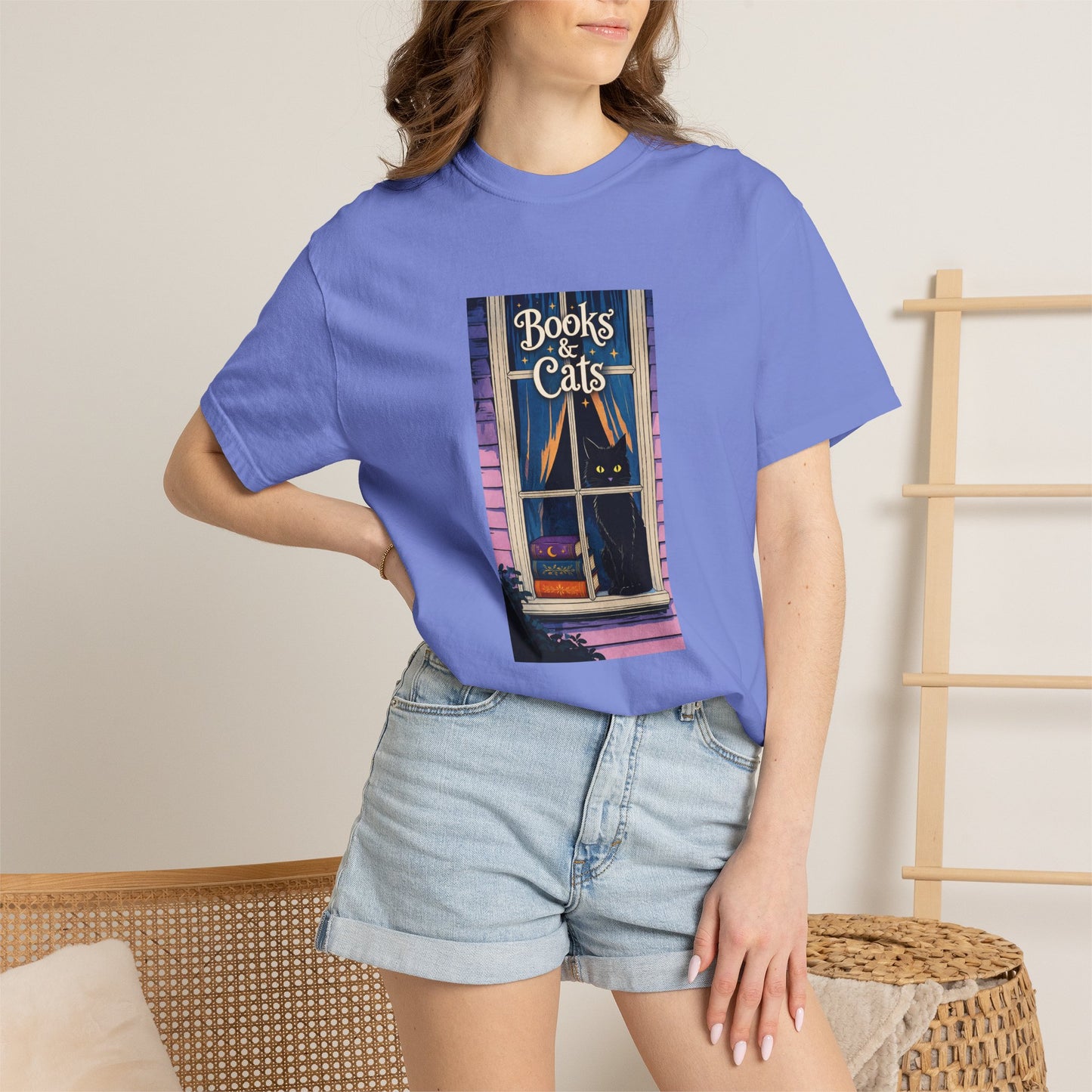 "Books & Cats" T-Shirt — Cozy Bookshop Window Graphic Tee